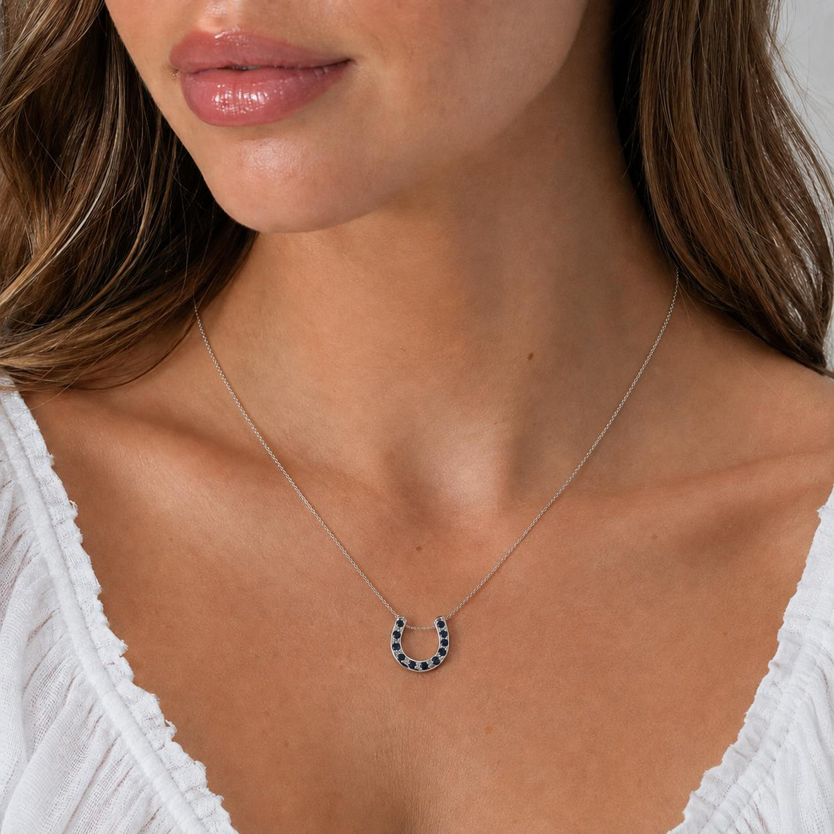Natural Blue Sapphire Horseshoe Slider Pendant White Gold 0.33 CTW Estate