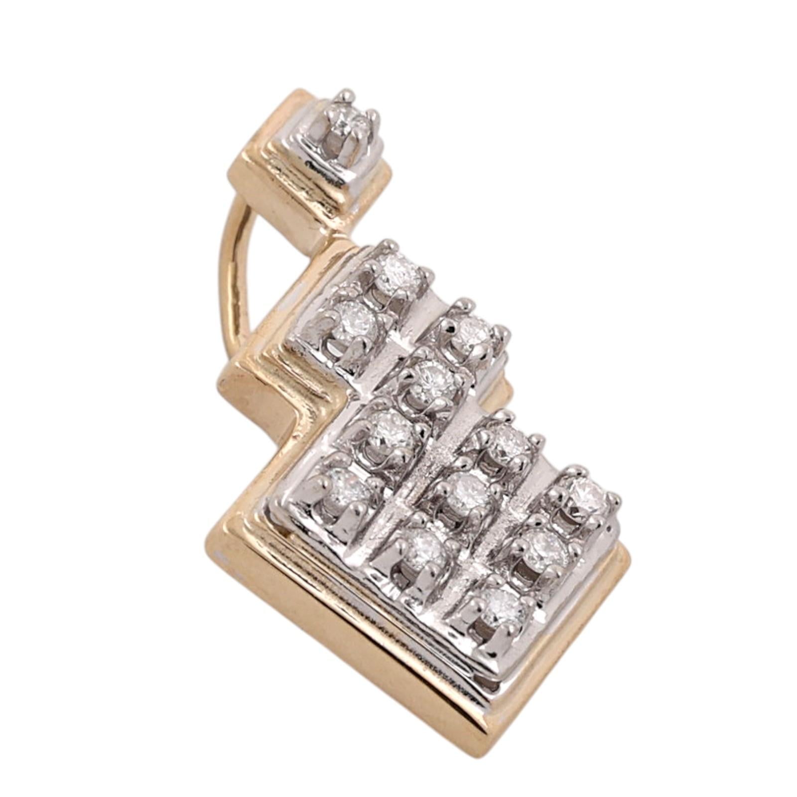 14K Two Tone Gold Diamond Geometric Pendant 0.30CTW Estate Charm 1.10"