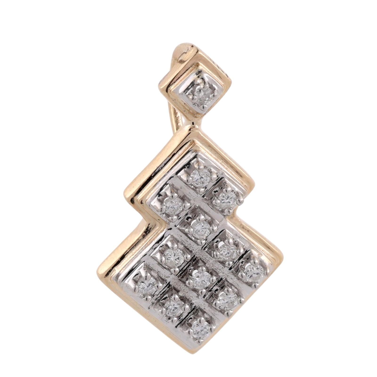 14K Two Tone Gold Diamond Geometric Pendant 0.30CTW Estate Charm 1.10"
