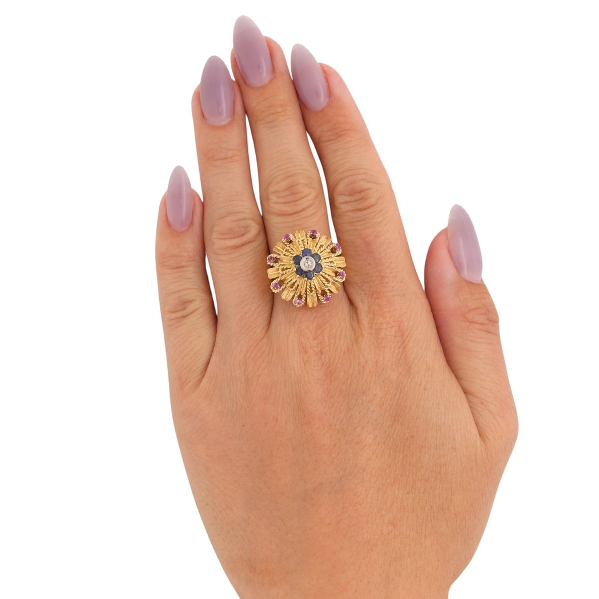 Bucherer Vintage Sapphire Diamond Floral Ring 18K Gold CB 750 Size 5.5