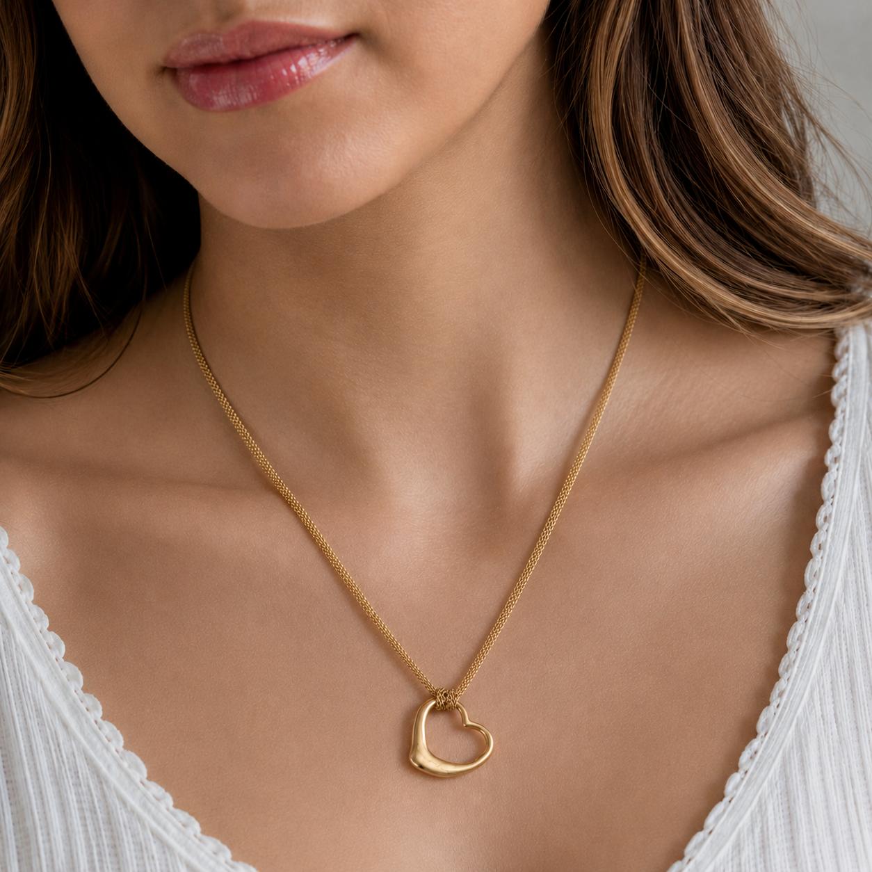 Tiffany & Co. Elsa Peretti Large Open Heart Pendant 18K Gold Mesh 30.5" Necklace