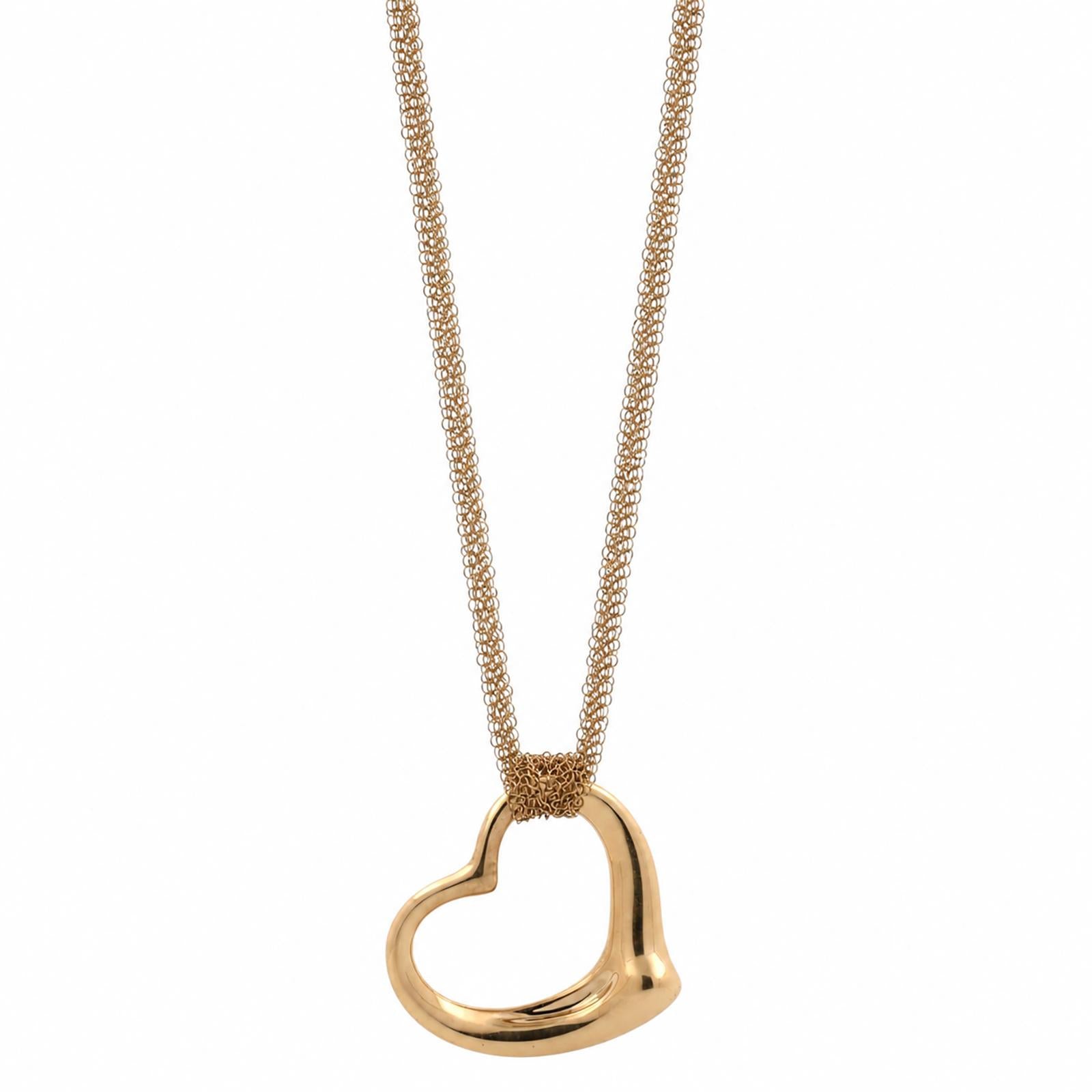 Tiffany & Co. Elsa Peretti Large Open Heart Pendant 18K Gold Mesh 30.5" Necklace