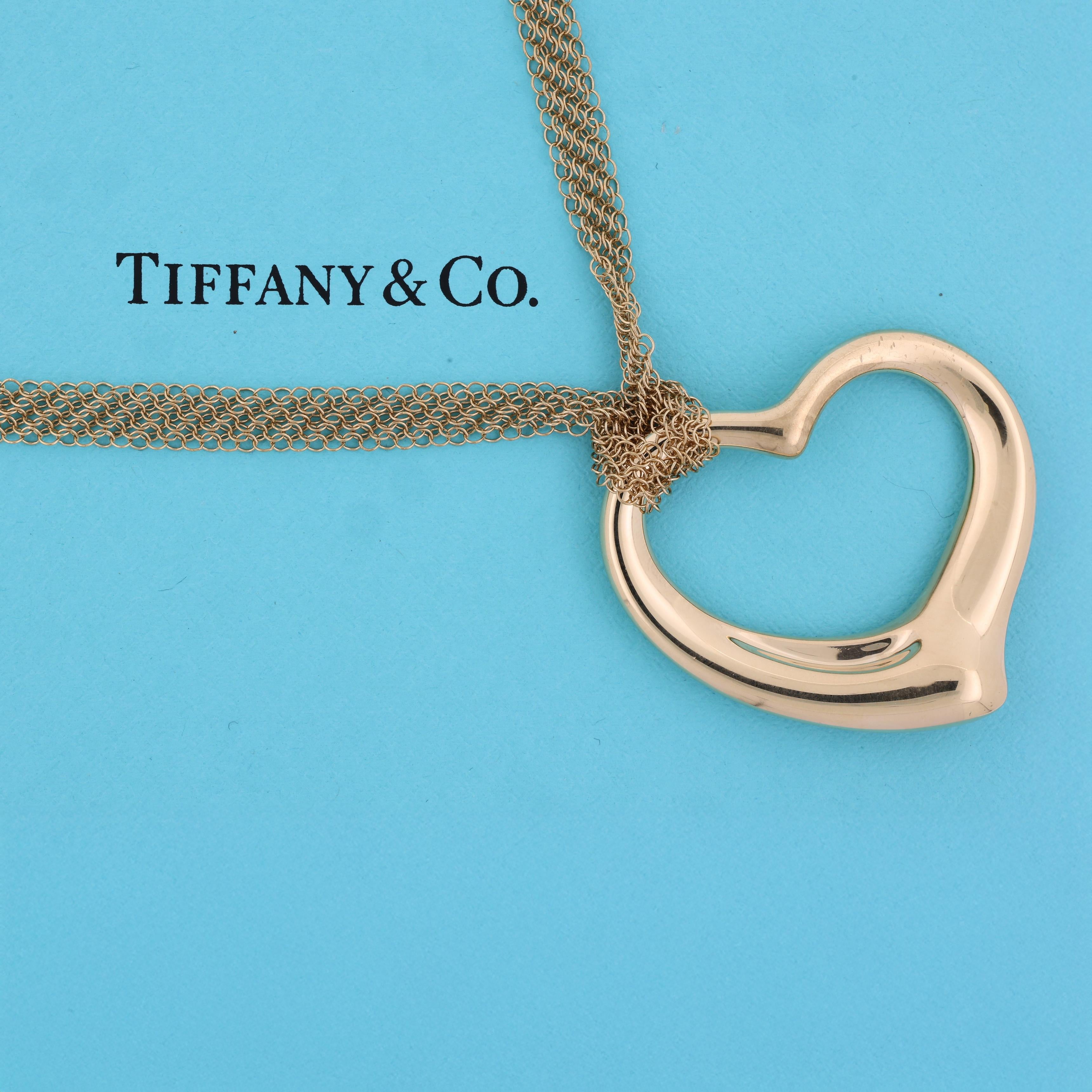 Tiffany & Co. Elsa Peretti Large Open Heart Pendant 18K Gold Mesh 30.5" Necklace