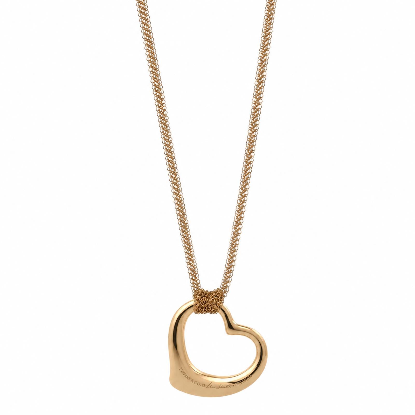 Tiffany & Co. Elsa Peretti Large Open Heart Pendant 18K Gold Mesh 30.5" Necklace