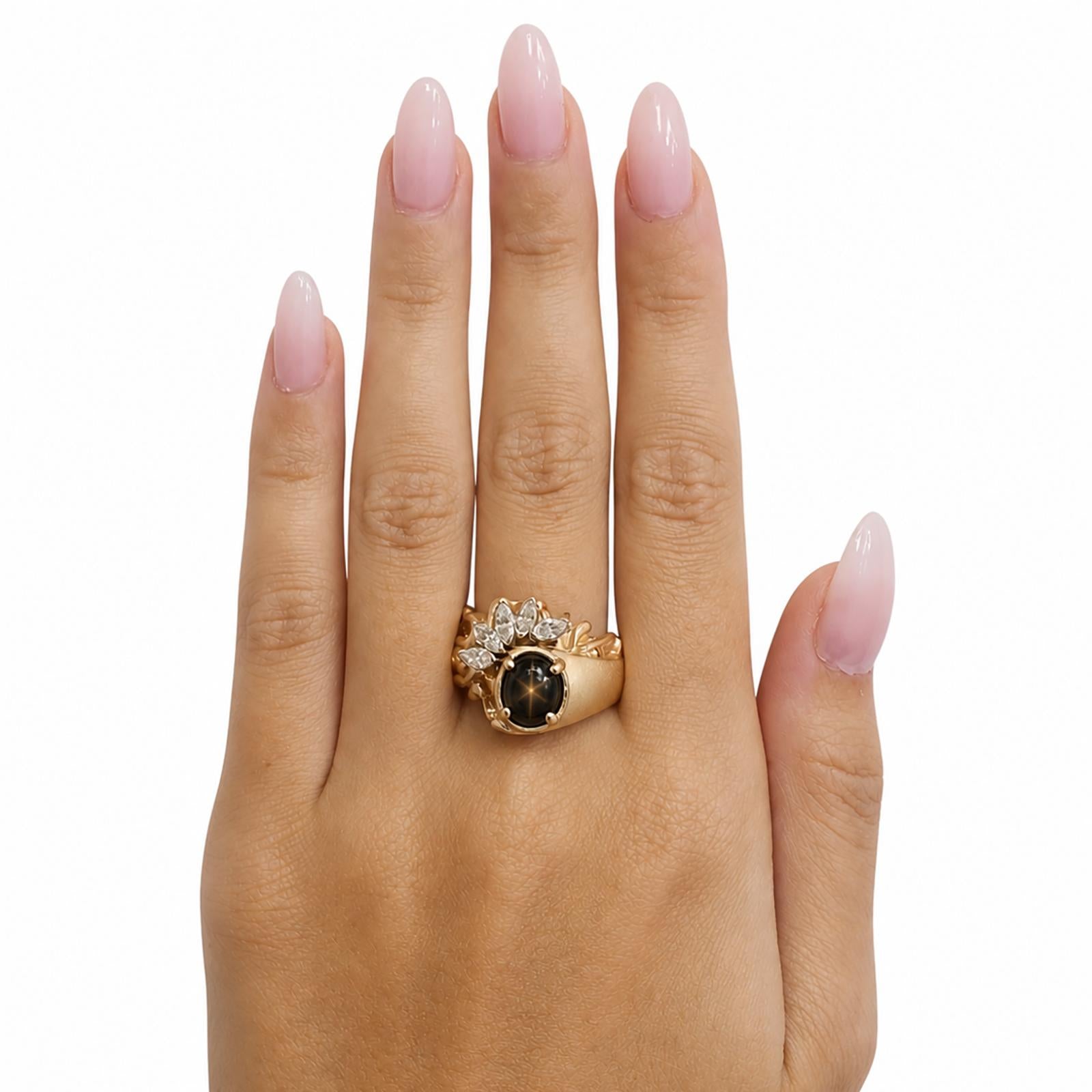 Natural Black Star Sapphire Marquise Diamond Ring Yellow Gold Unisex Size 12