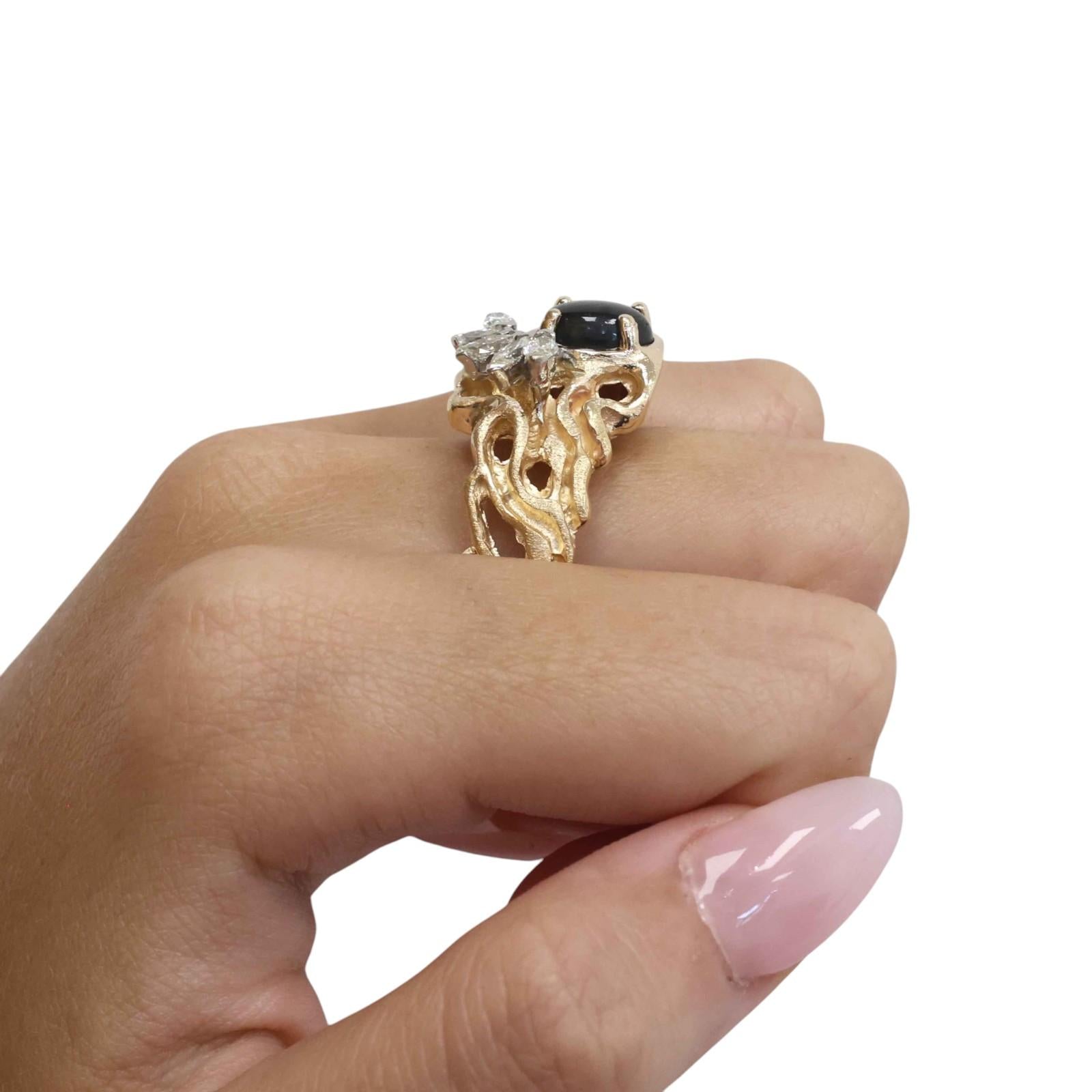 Natural Black Star Sapphire Marquise Diamond Ring Yellow Gold Unisex Size 12