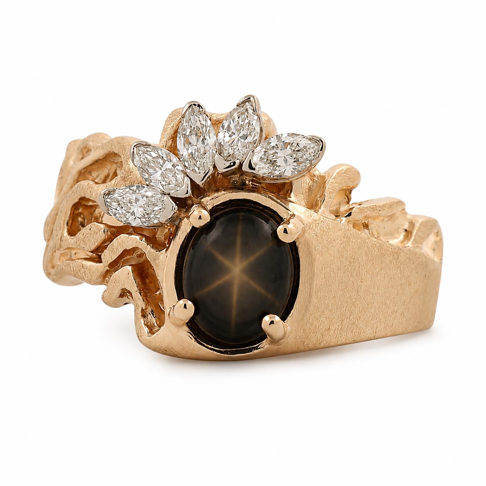 Natural Black Star Sapphire Marquise Diamond Ring Yellow Gold Unisex Size 12