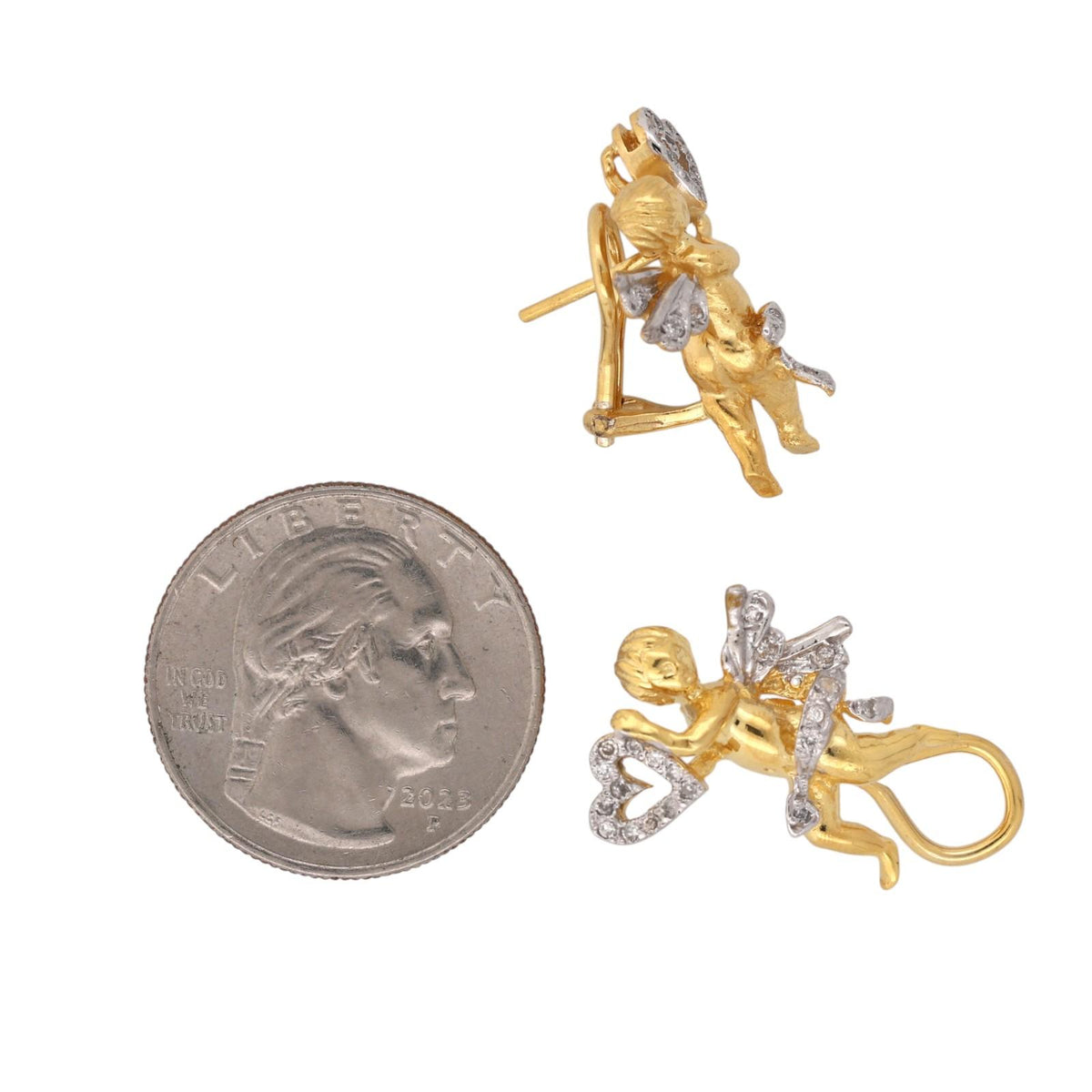 Vintage Cherub Cupid Diamond Earrings 18K Two-Tone Gold 0.35 CTW Omega Backs
