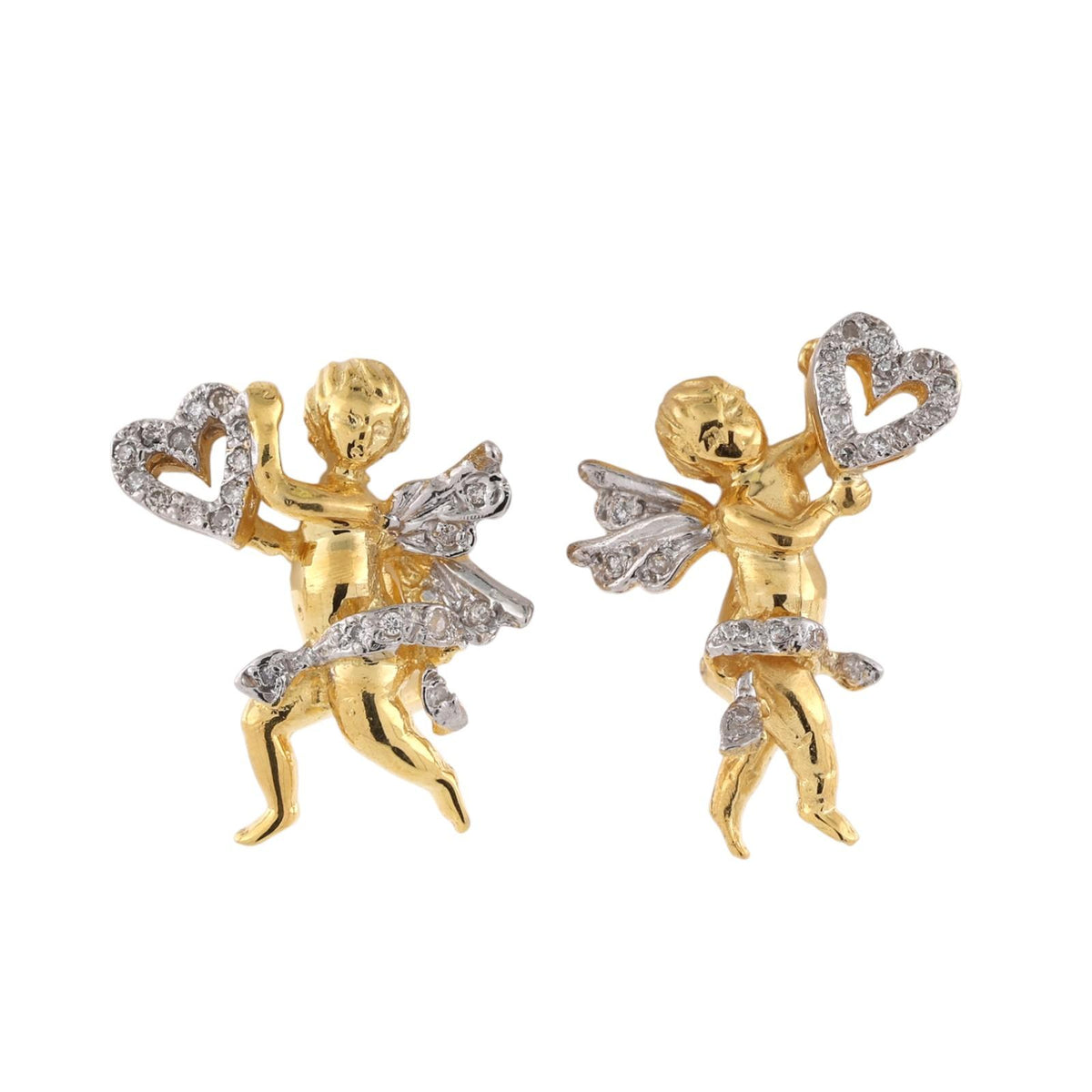 Vintage Cherub Cupid Diamond Earrings 18K Two-Tone Gold 0.35 CTW Omega Backs