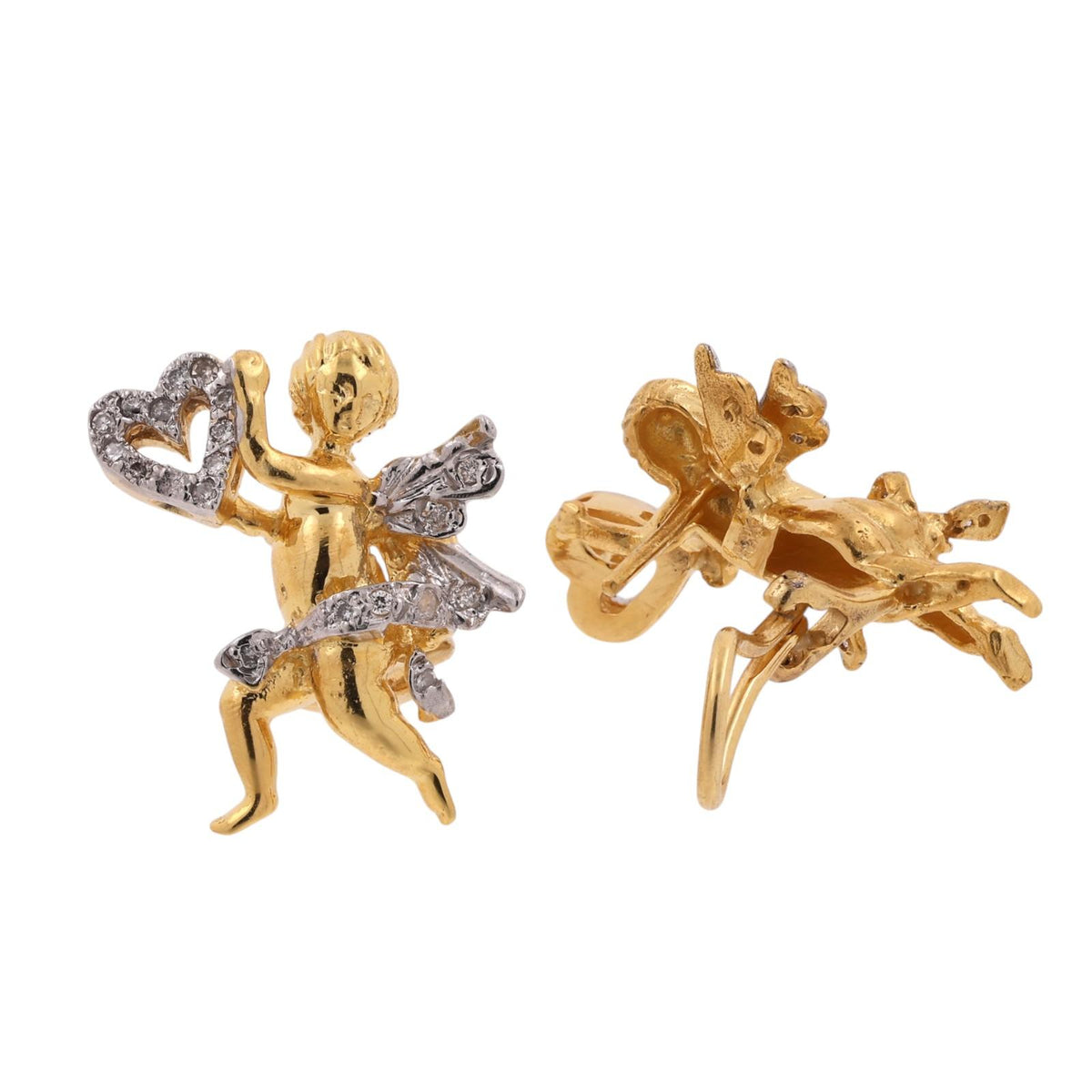 Vintage Cherub Cupid Diamond Earrings 18K Two-Tone Gold 0.35 CTW Omega Backs