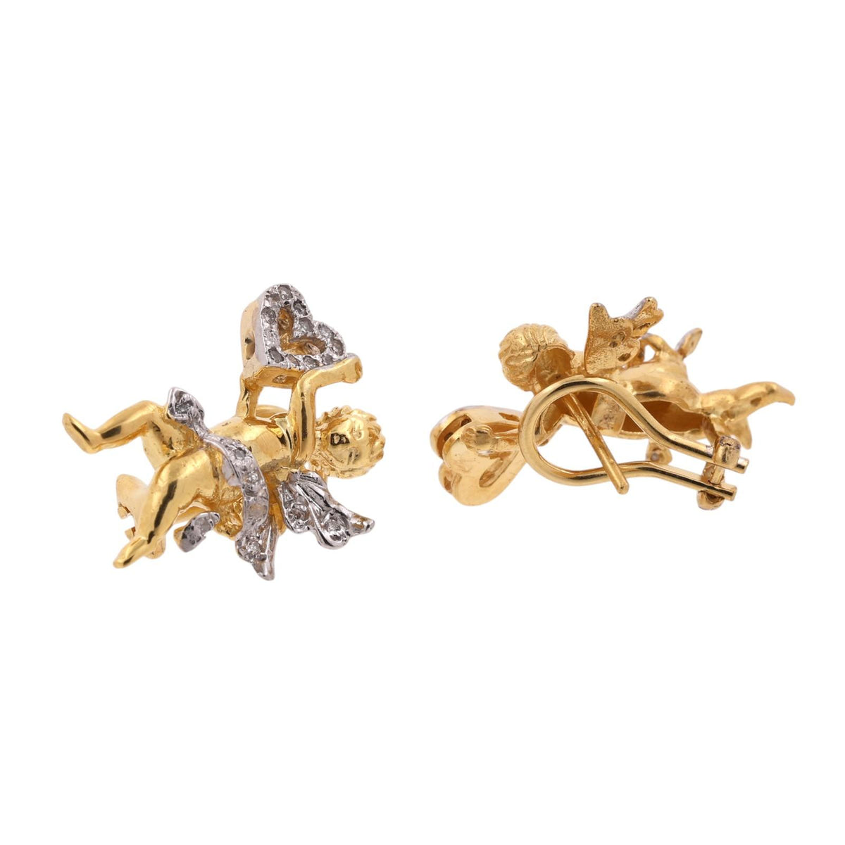 Vintage Cherub Cupid Diamond Earrings 18K Two-Tone Gold 0.35 CTW Omega Backs