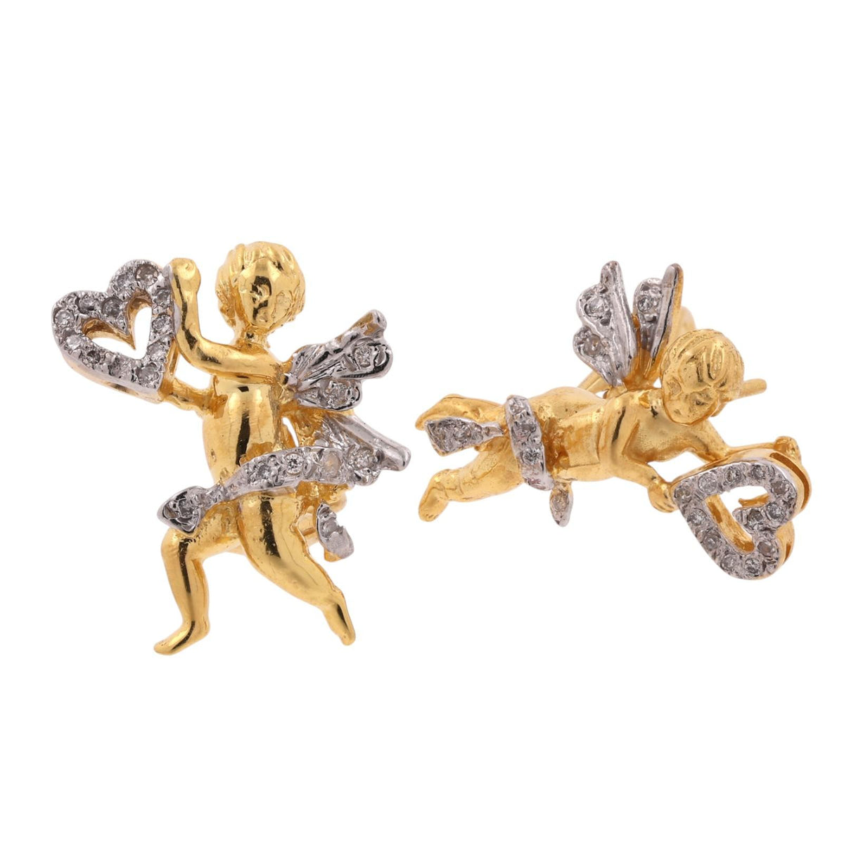 Vintage Cherub Cupid Diamond Earrings 18K Two-Tone Gold 0.35 CTW Omega Backs