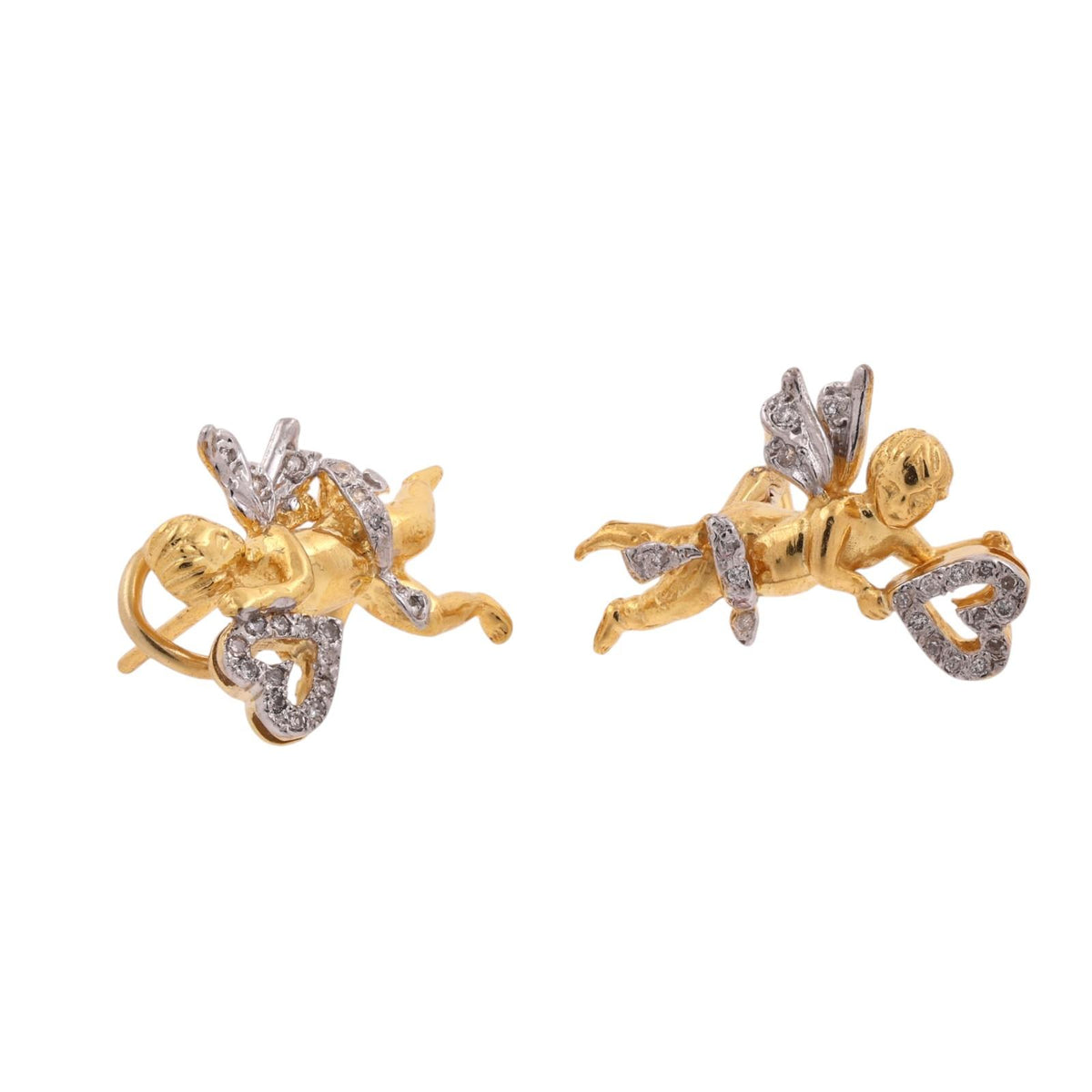 Vintage Cherub Cupid Diamond Earrings 18K Two-Tone Gold 0.35 CTW Omega Backs
