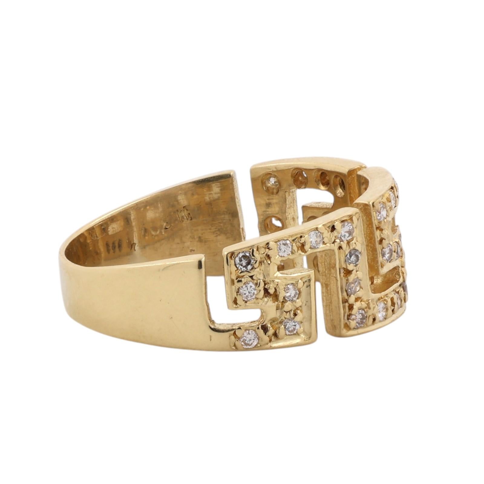 Natural Diamond Greek Key Ring 18K Yellow Gold 0.30 CTW Estate Size 8.5