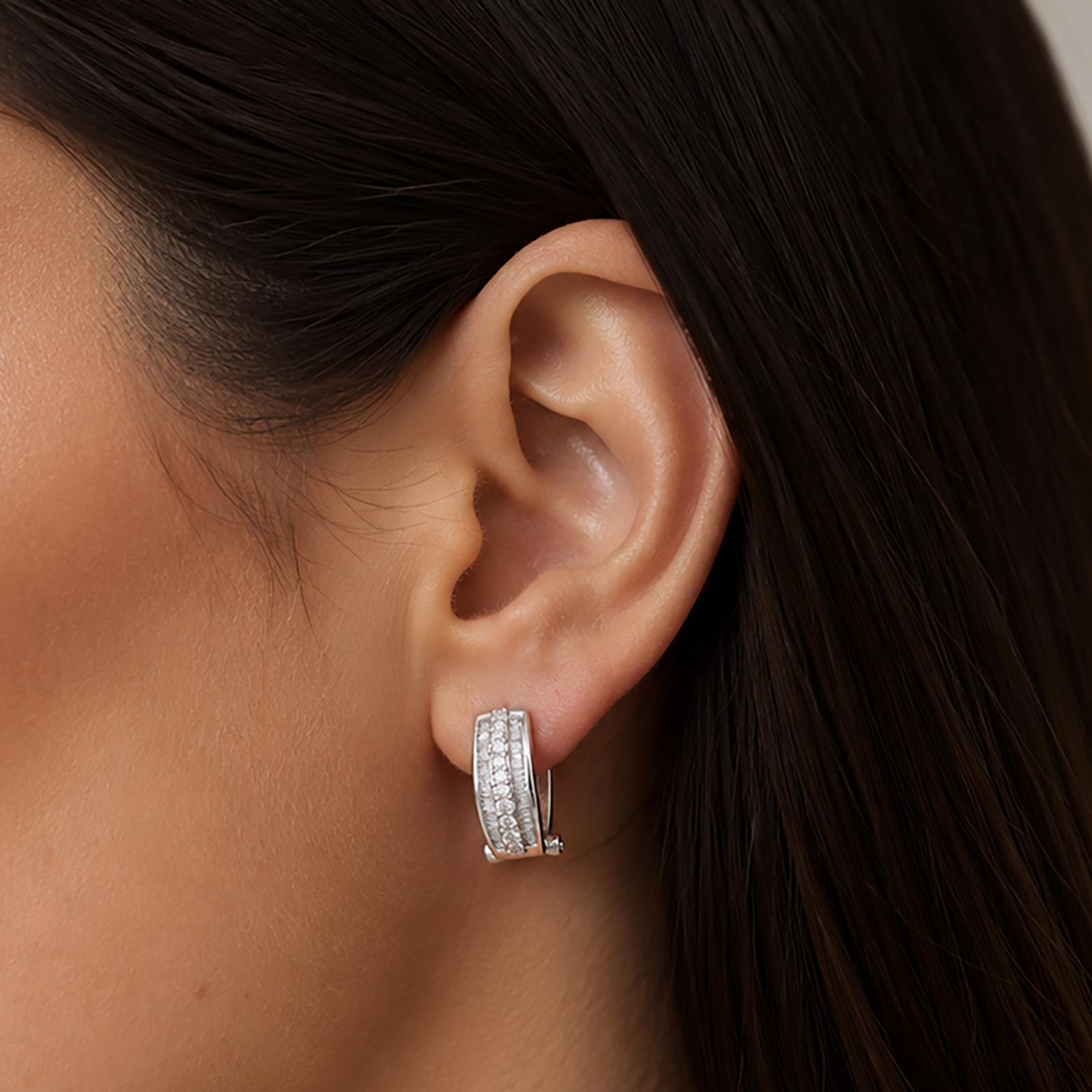 1.00 CTW Natural Round Baguette Diamond Omega Back Earrings 14K White Gold