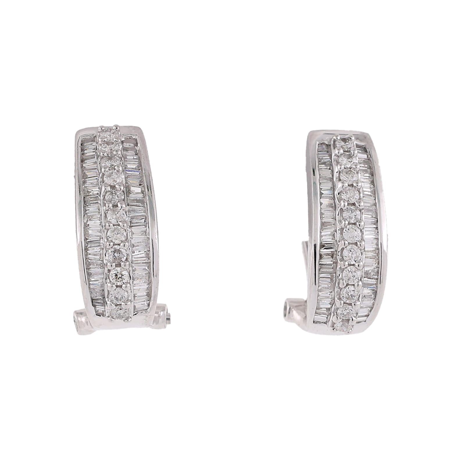 1.00 CTW Natural Round Baguette Diamond Omega Back Earrings 14K White Gold