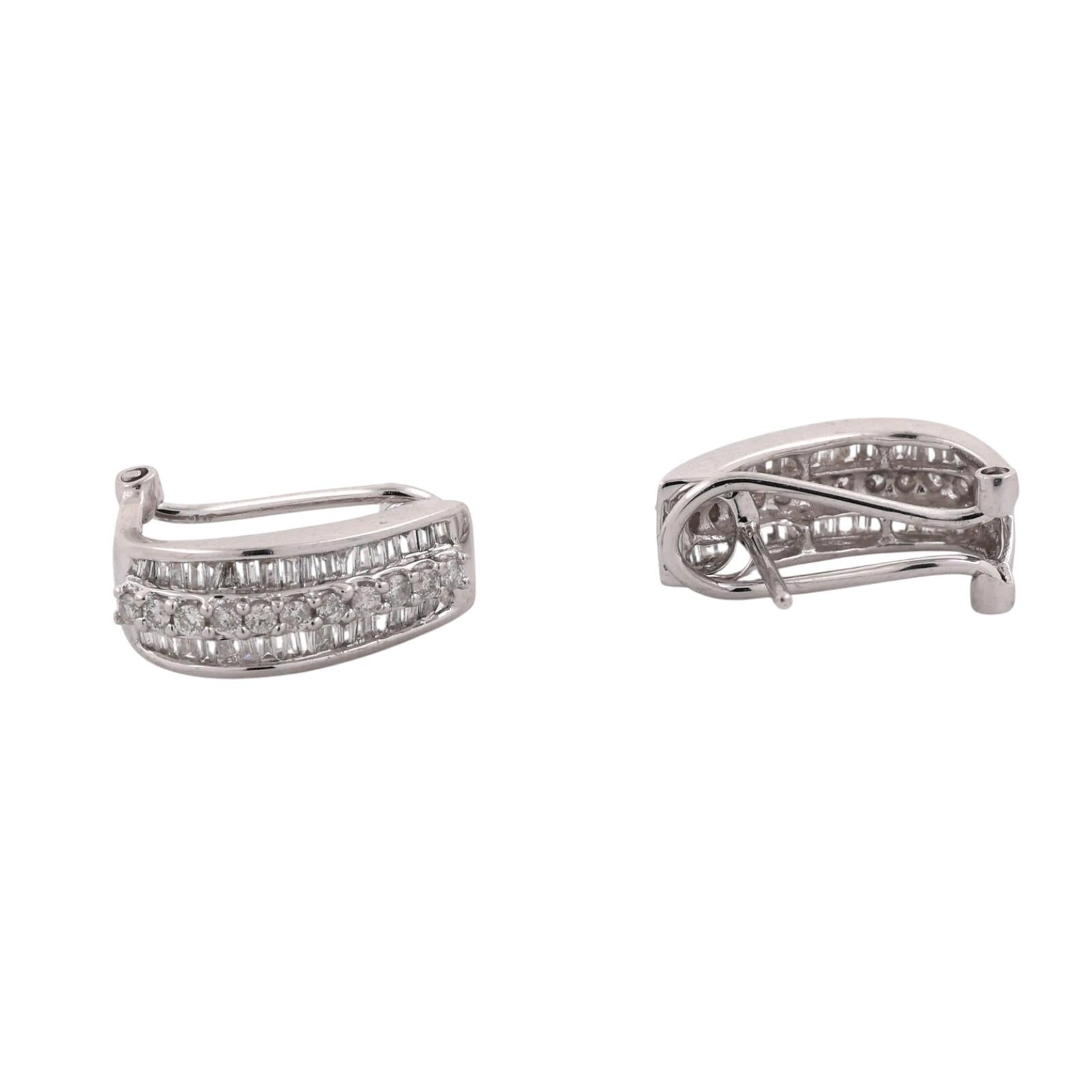 1.00 CTW Natural Round Baguette Diamond Omega Back Earrings 14K White Gold