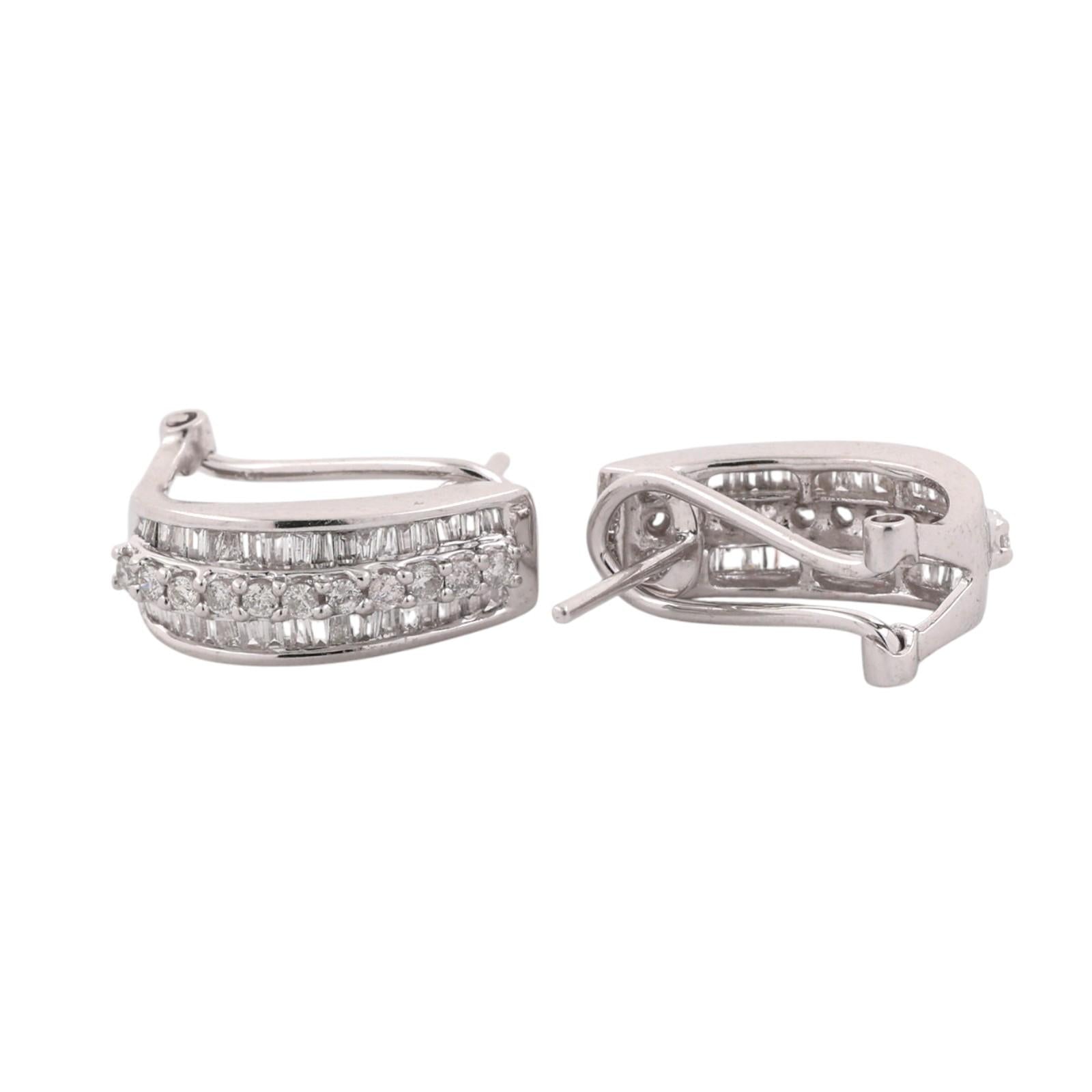1.00 CTW Natural Round Baguette Diamond Omega Back Earrings 14K White Gold