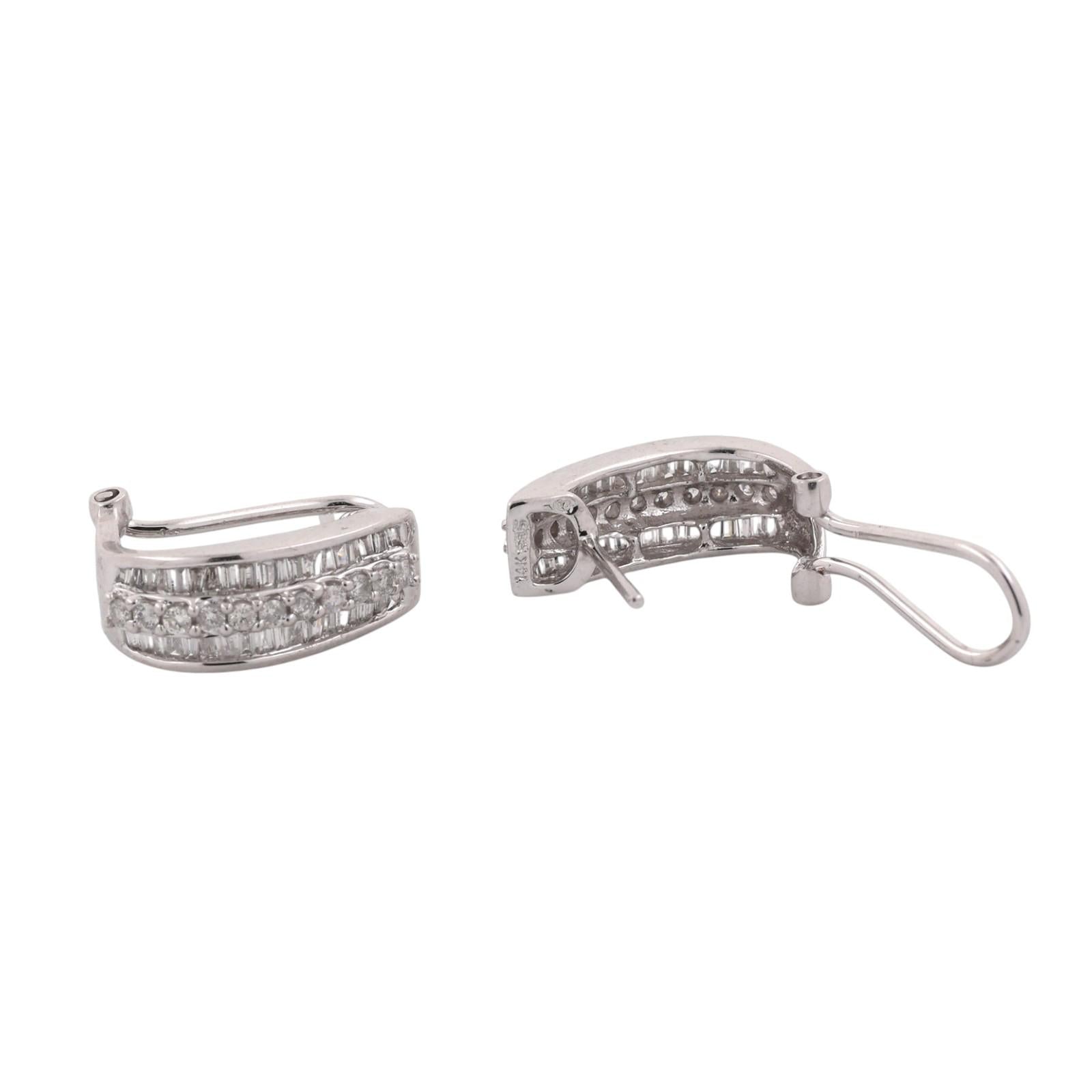 1.00 CTW Natural Round Baguette Diamond Omega Back Earrings 14K White Gold