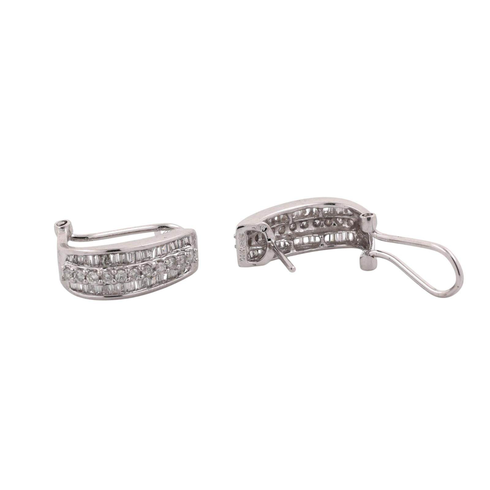 1.00 CTW Natural Round Baguette Diamond Omega Back Earrings 14K White Gold