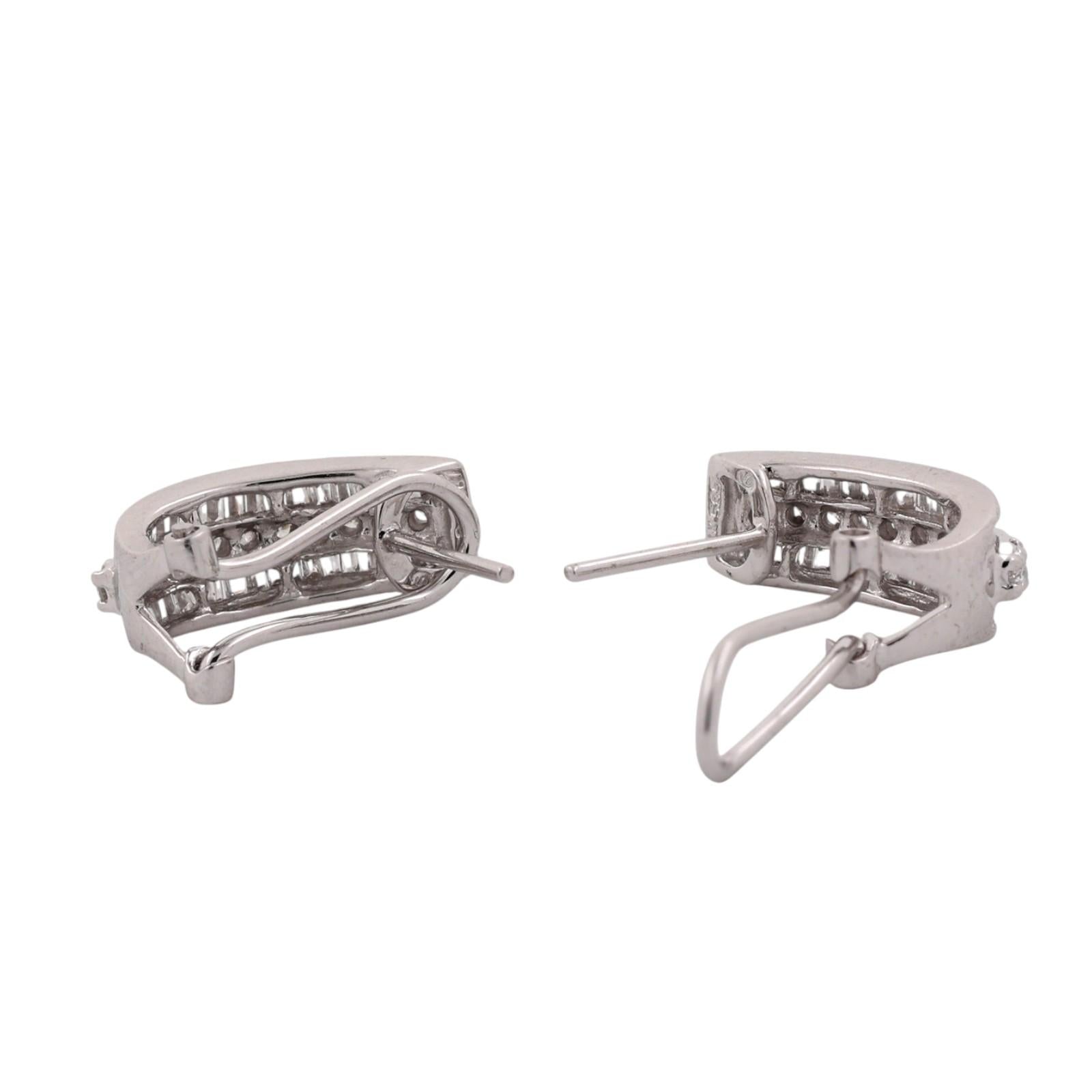 1.00 CTW Natural Round Baguette Diamond Omega Back Earrings 14K White Gold