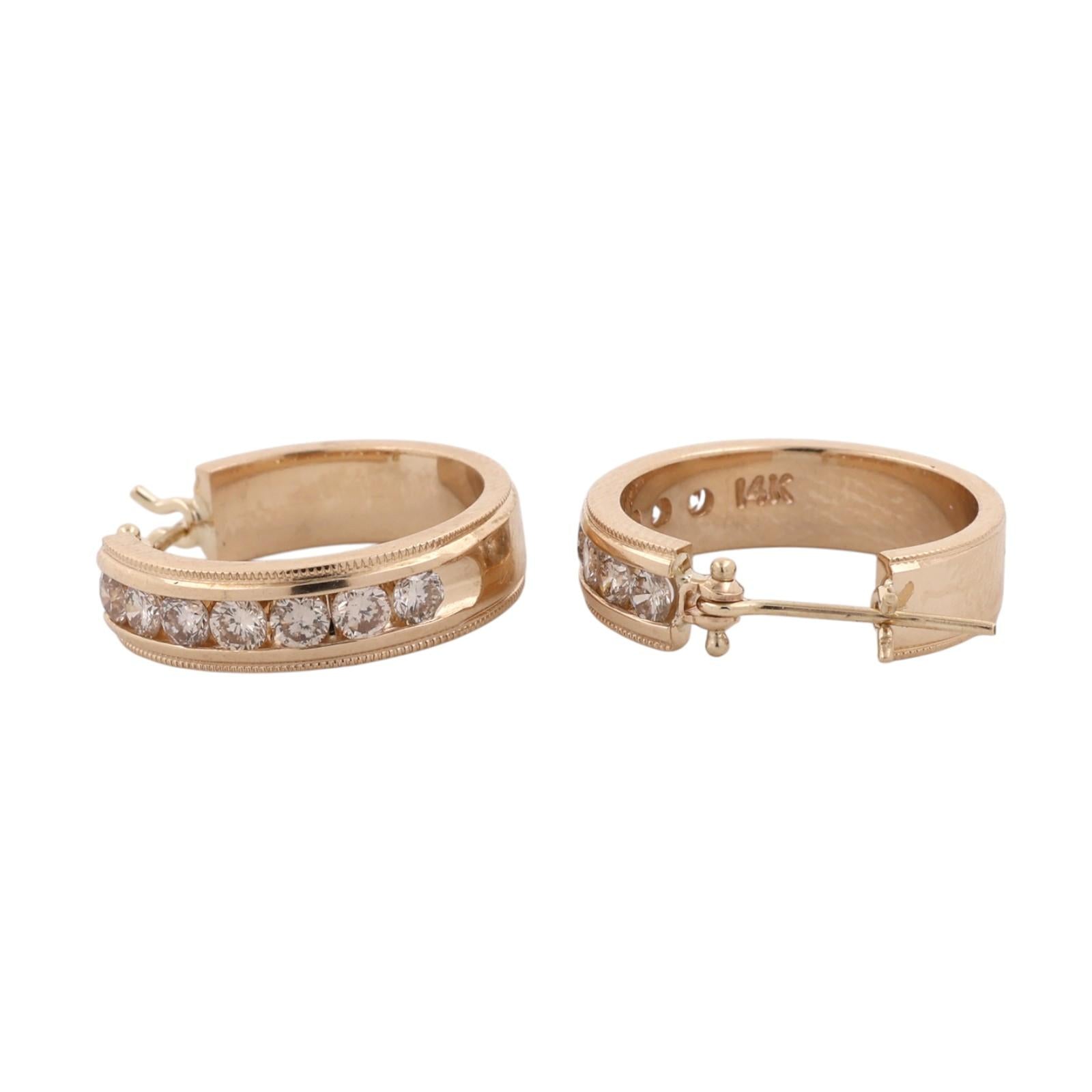 14K Yellow Gold 1.00 CTW Natural Diamond Channel Set Hoop Earrings 6.9g