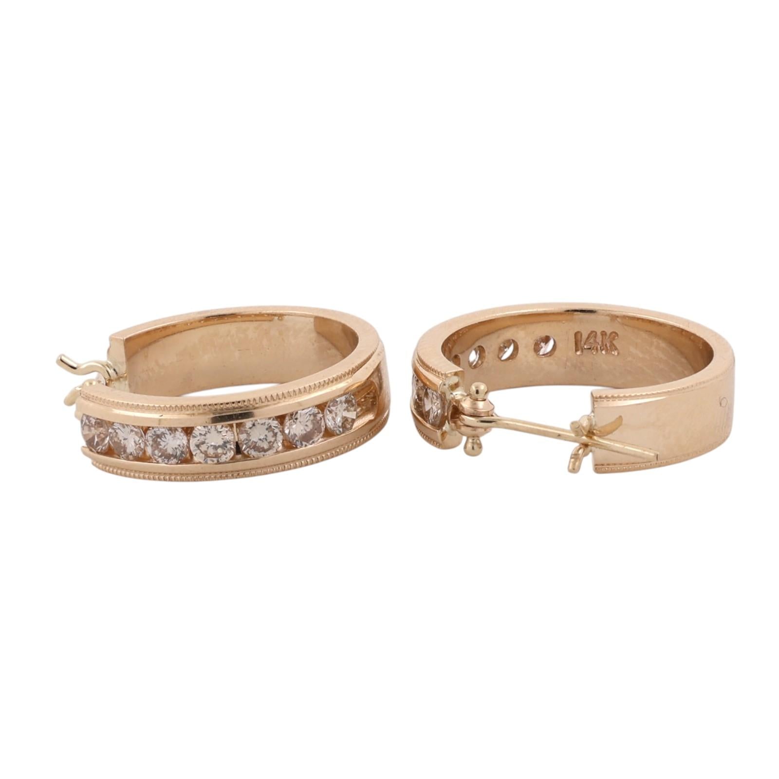 14K Yellow Gold 1.00 CTW Natural Diamond Channel Set Hoop Earrings 6.9g