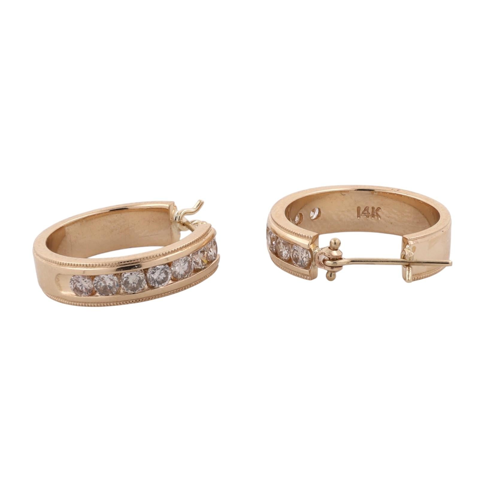 14K Yellow Gold 1.00 CTW Natural Diamond Channel Set Hoop Earrings 6.9g