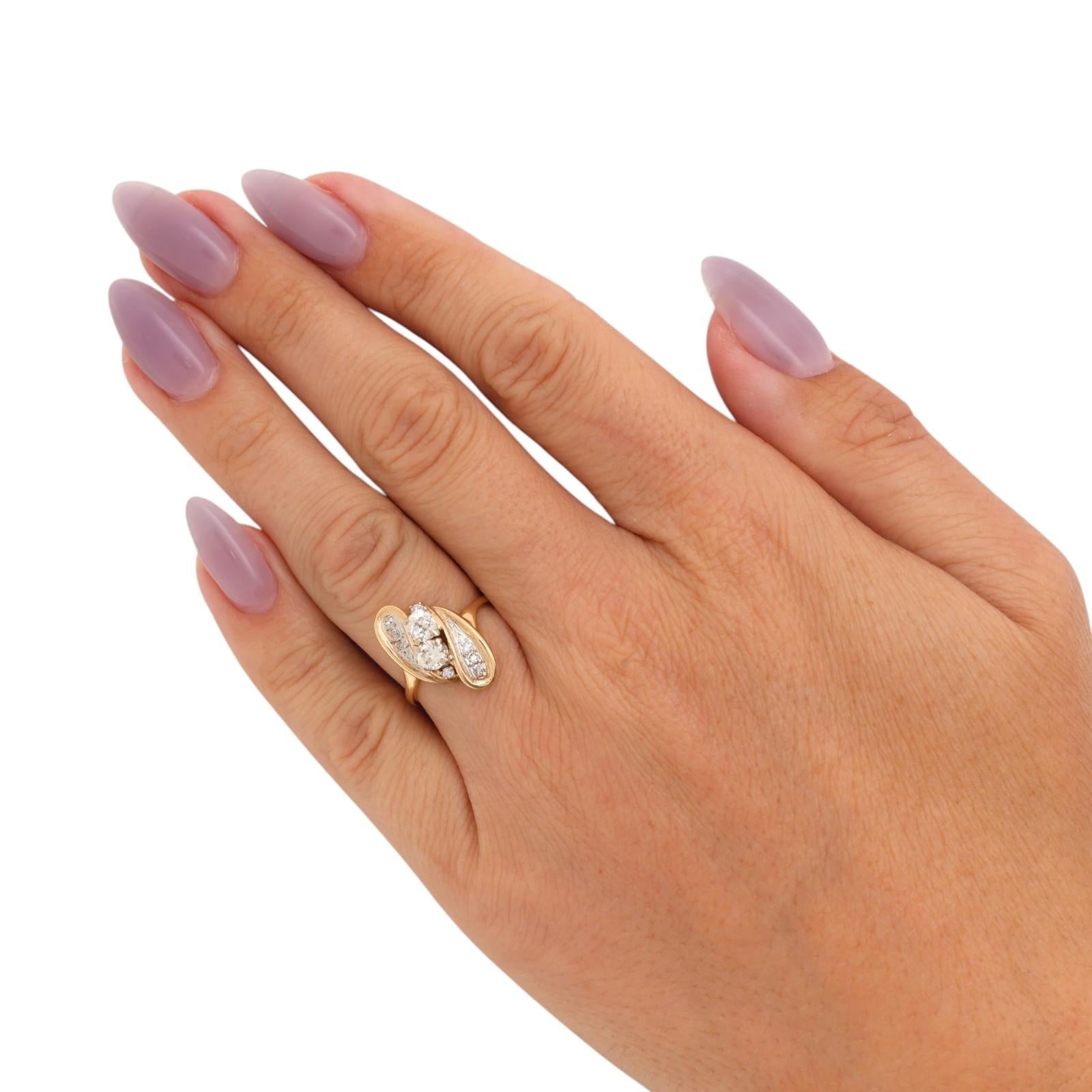 14K Two Tone Gold 0.61CTW Natural Old European Cut Diamond Bypass Ring Size 4.75