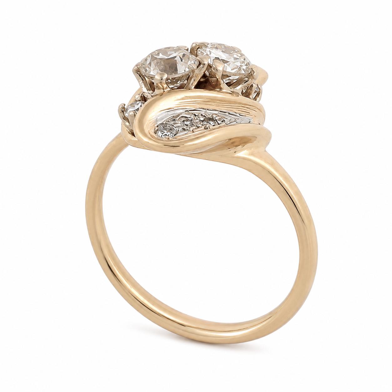 14K Two Tone Gold 0.61CTW Natural Old European Cut Diamond Bypass Ring Size 4.75