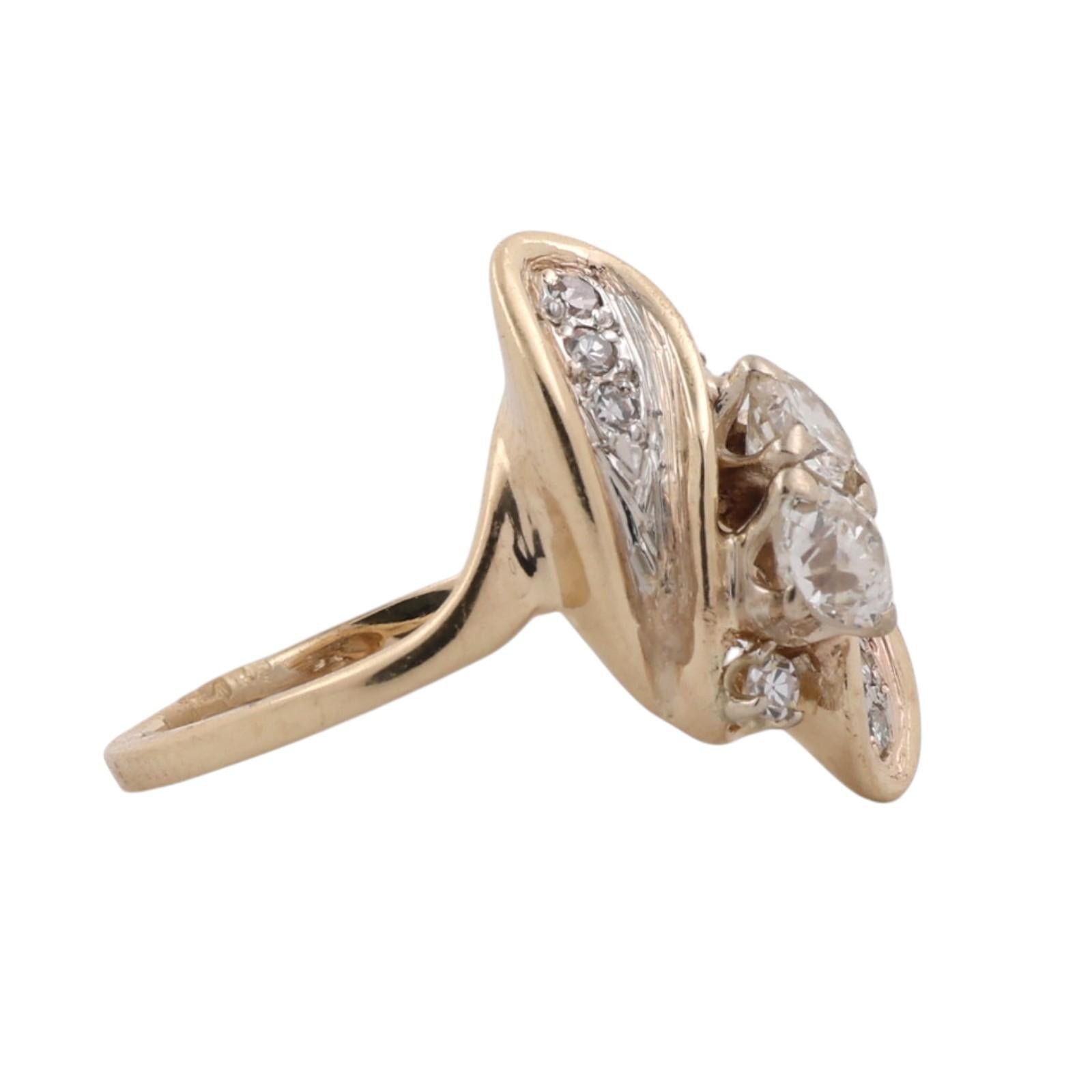 14K Two Tone Gold 0.61CTW Natural Old European Cut Diamond Bypass Ring Size 4.75