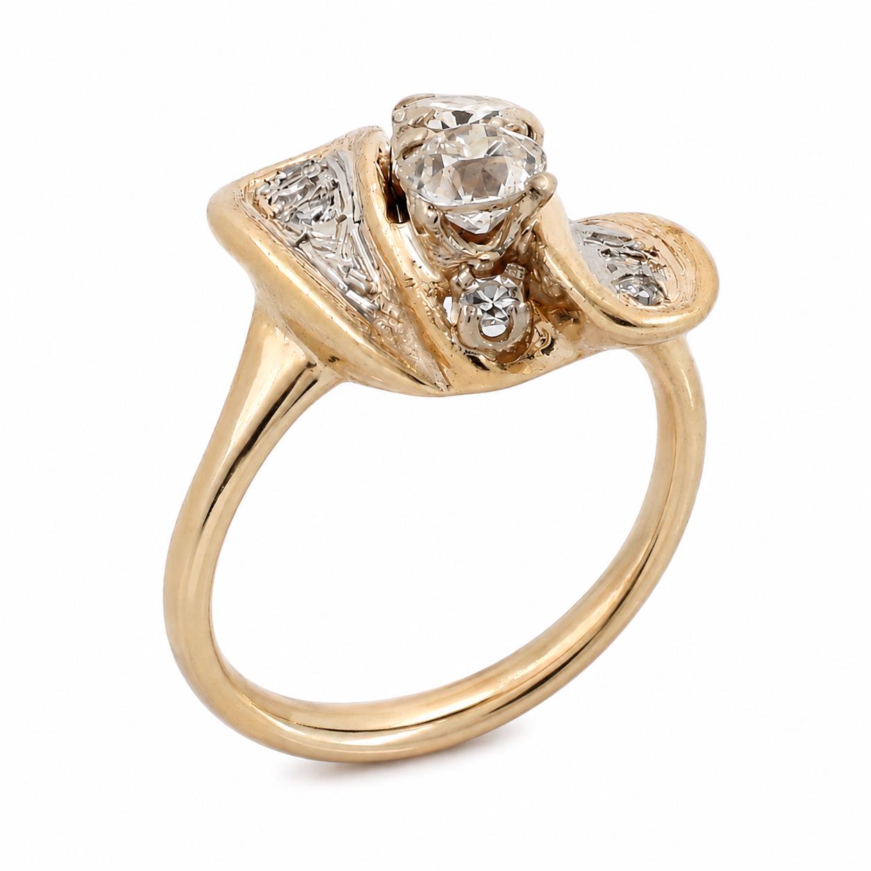 14K Two Tone Gold 0.61CTW Natural Old European Cut Diamond Bypass Ring Size 4.75