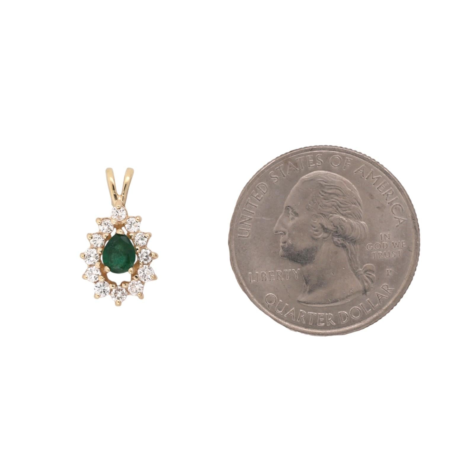 Natural Emerald Halo Diamond Pendant 14K Yellow Gold 0.75 CTW Pear Cut