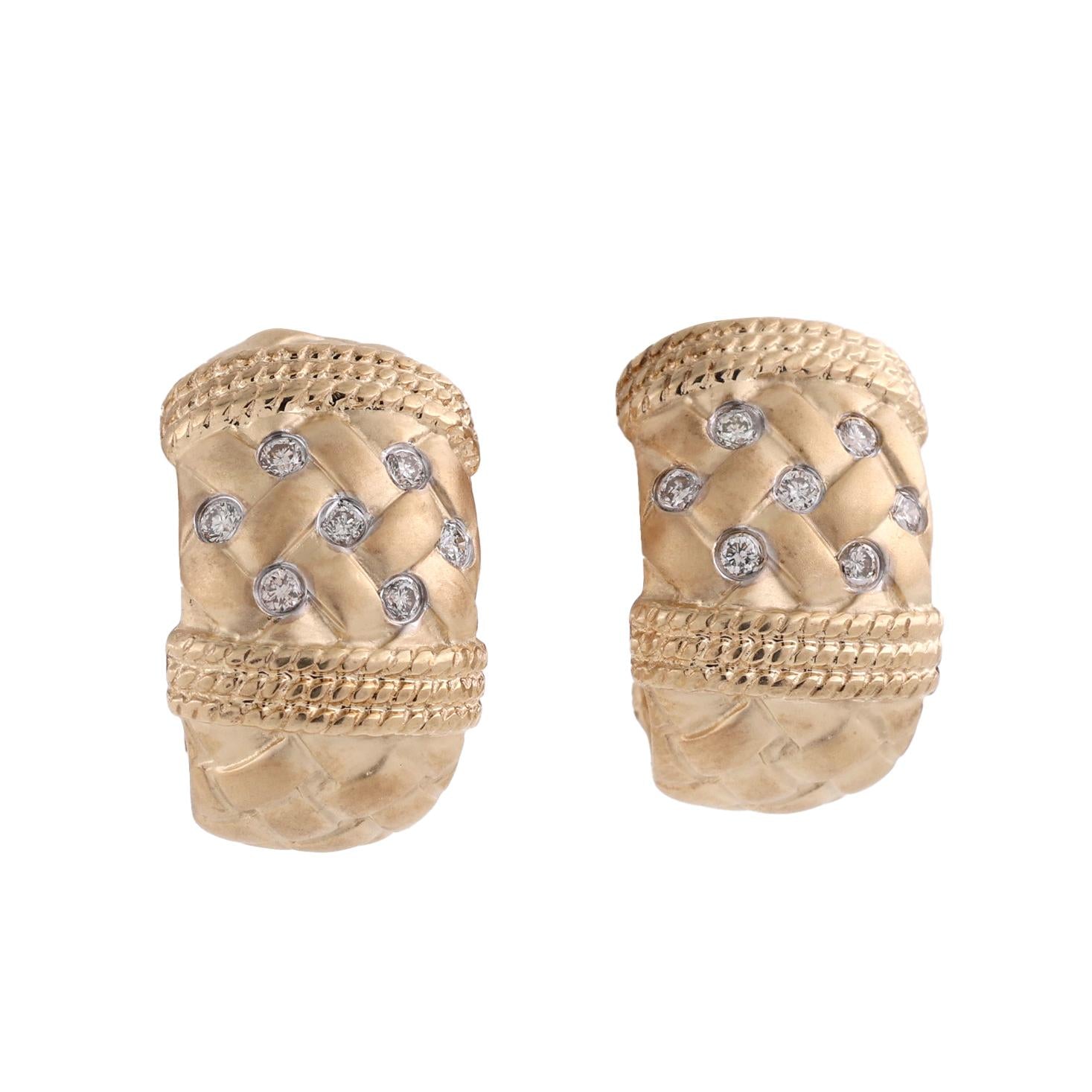 14K Yellow Gold 0.15 CTW Natural Diamond Wide Textured Omega Back Earrings