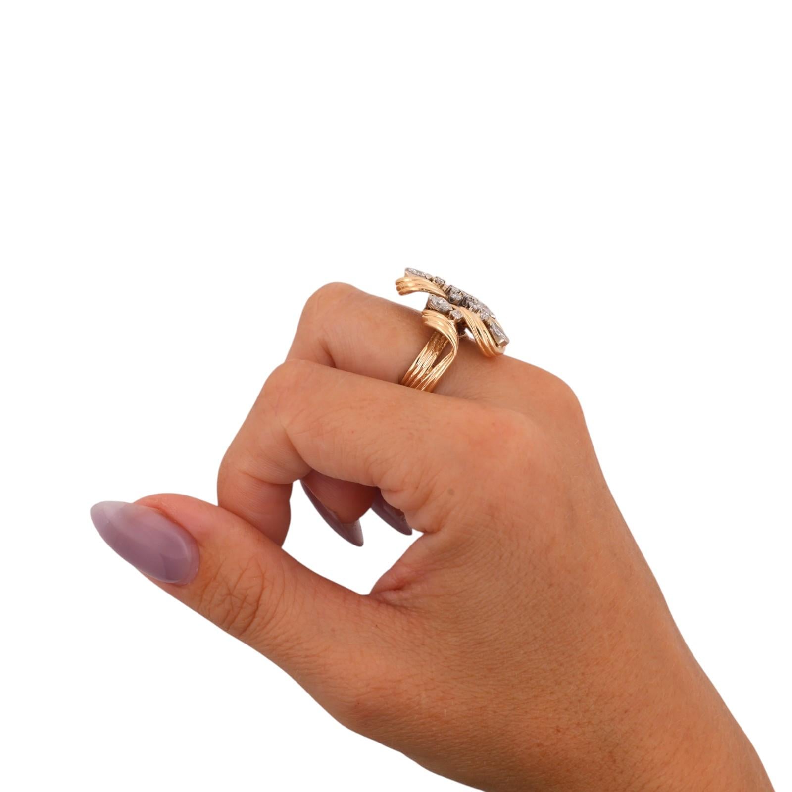 14K Two Tone Gold Natural Diamond Marquise Cocktail Statement Ring Swirl Sz 7.5