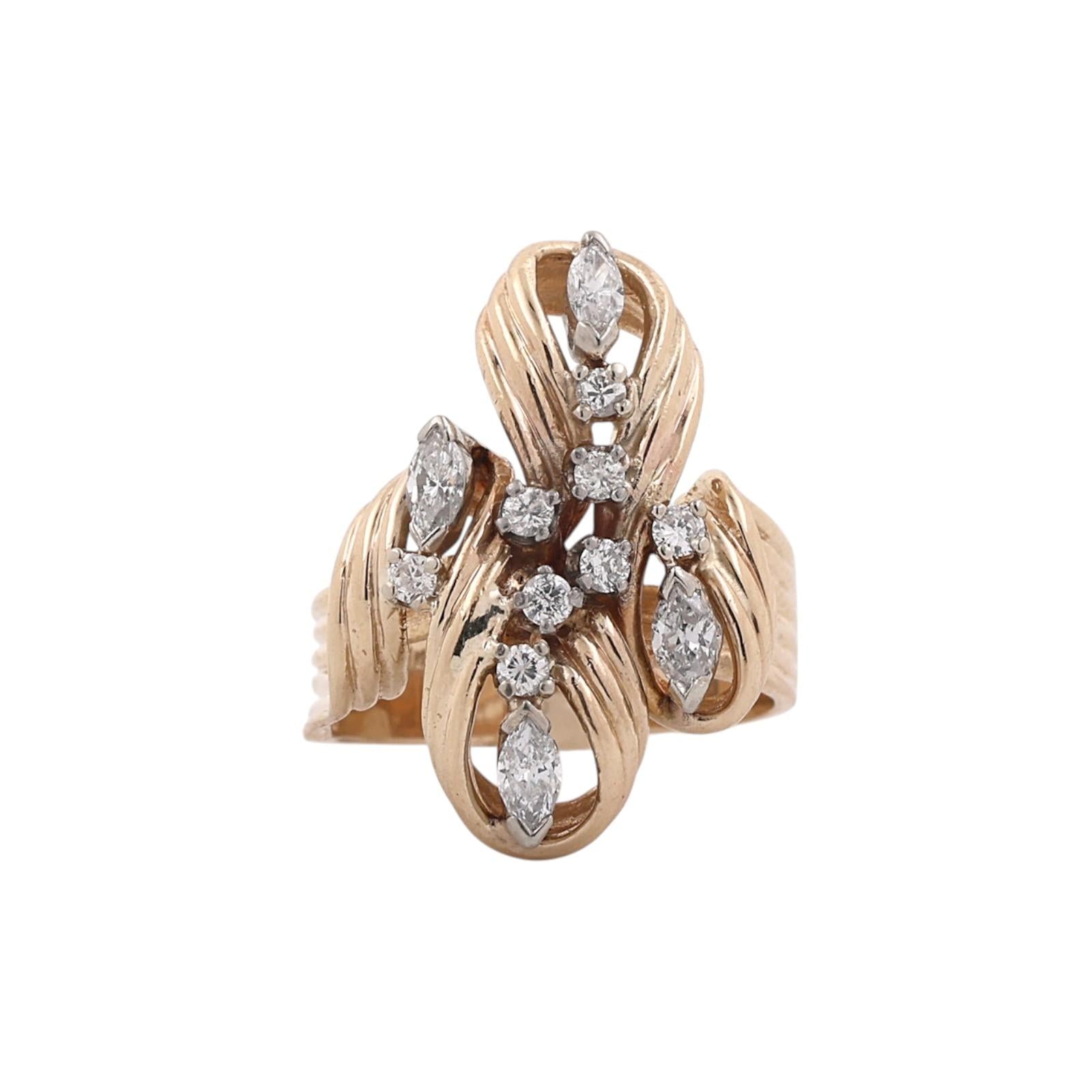 14K Two Tone Gold Natural Diamond Marquise Cocktail Statement Ring Swirl Sz 7.5