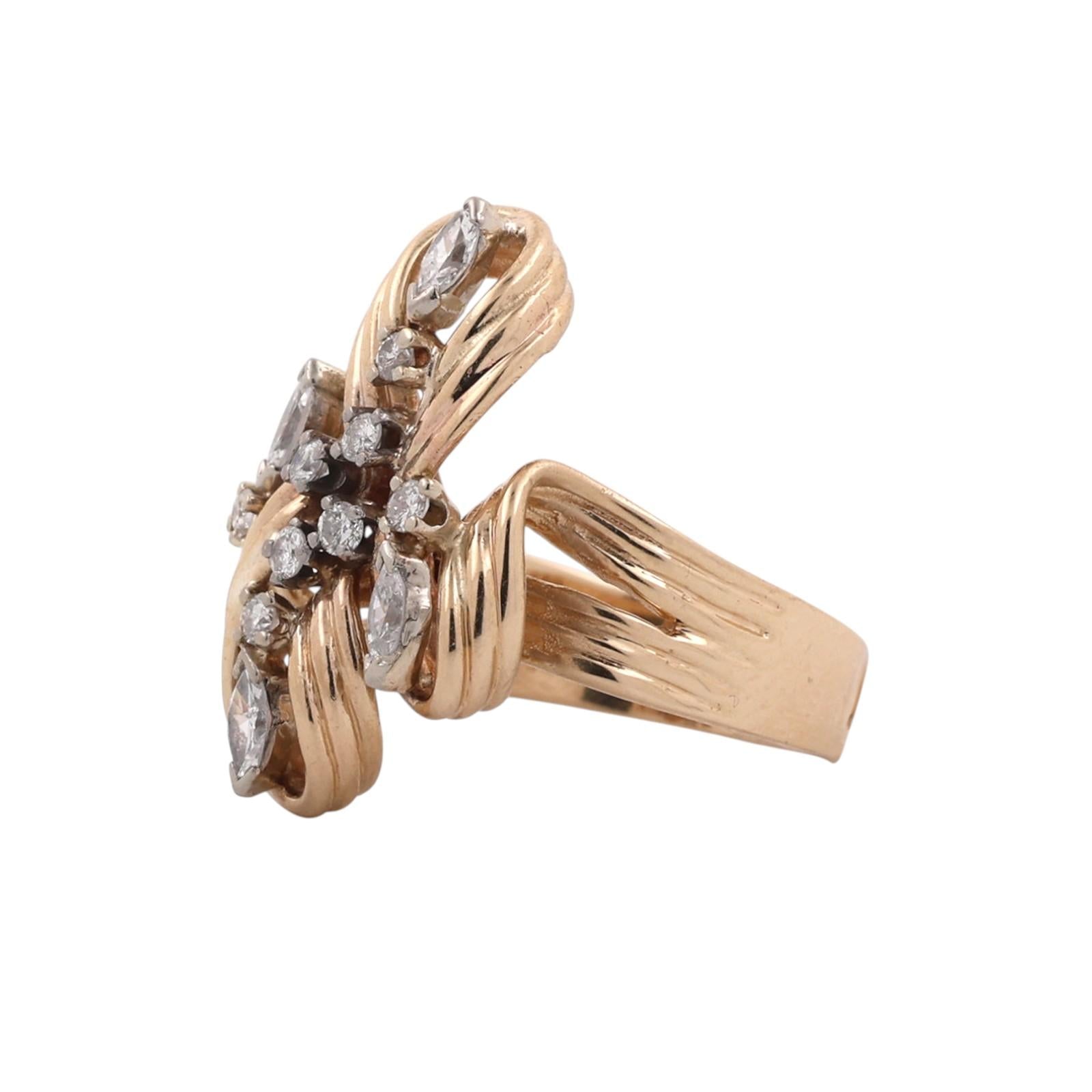 14K Two Tone Gold Natural Diamond Marquise Cocktail Statement Ring Swirl Sz 7.5