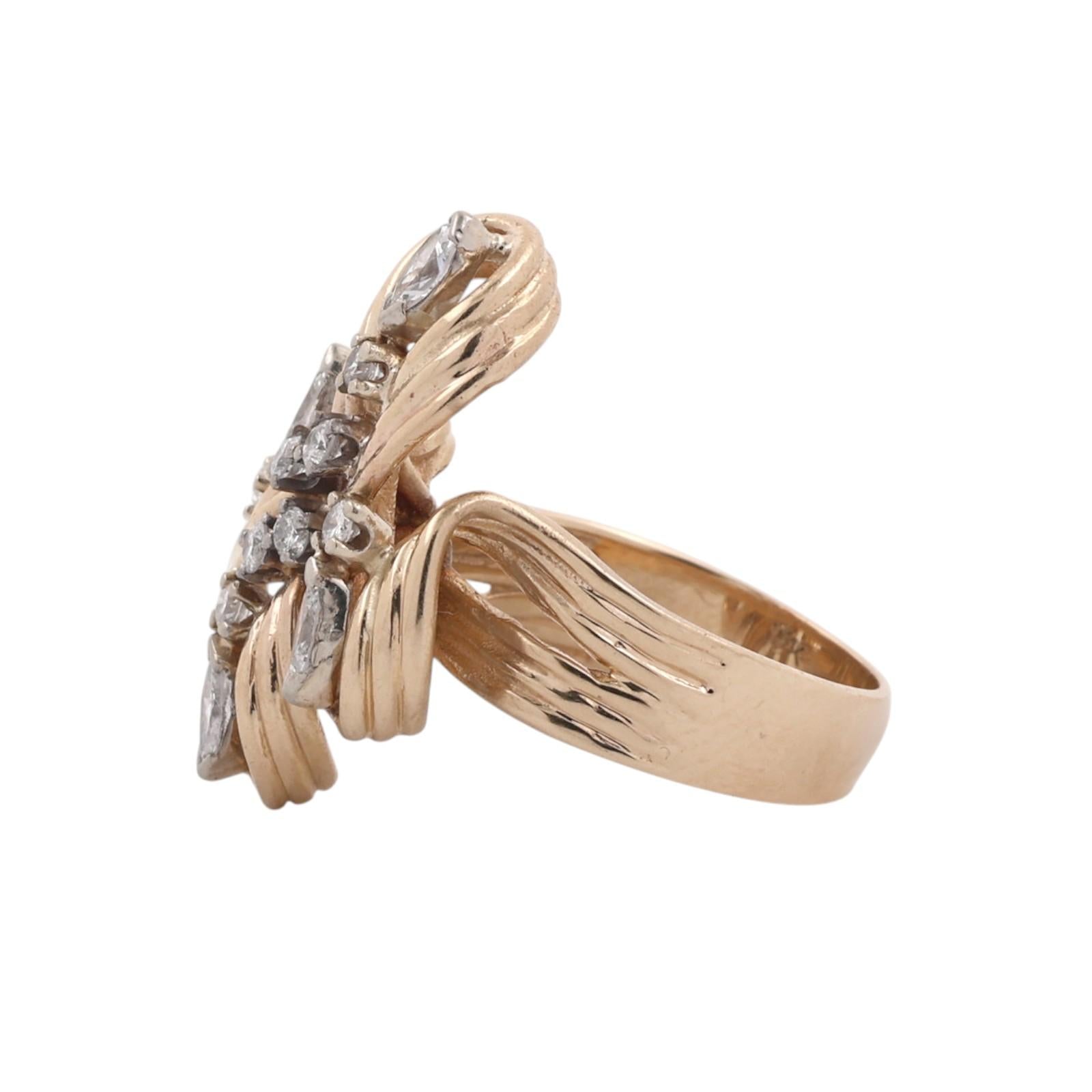 14K Two Tone Gold Natural Diamond Marquise Cocktail Statement Ring Swirl Sz 7.5