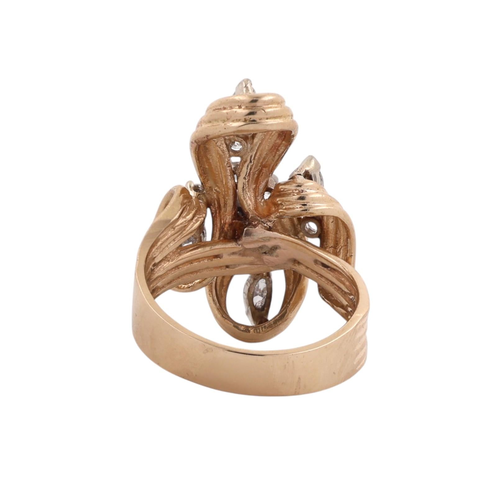 14K Two Tone Gold Natural Diamond Marquise Cocktail Statement Ring Swirl Sz 7.5