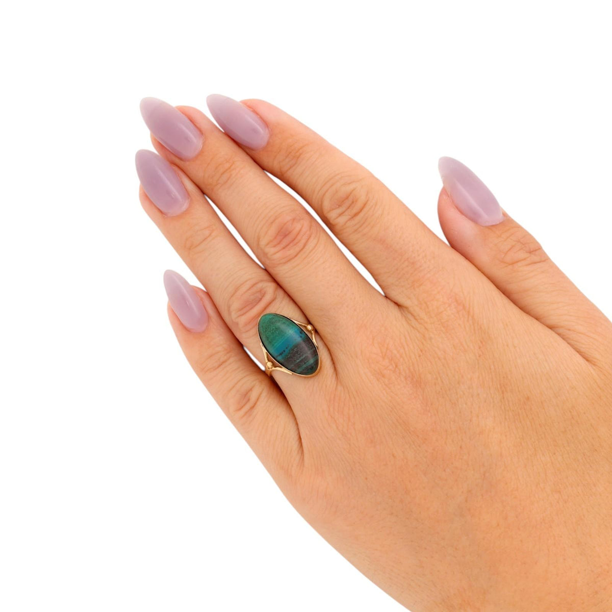 Azurmalachite Oval Cabochon Statement Ring 14K Yellow Gold Size 4.25