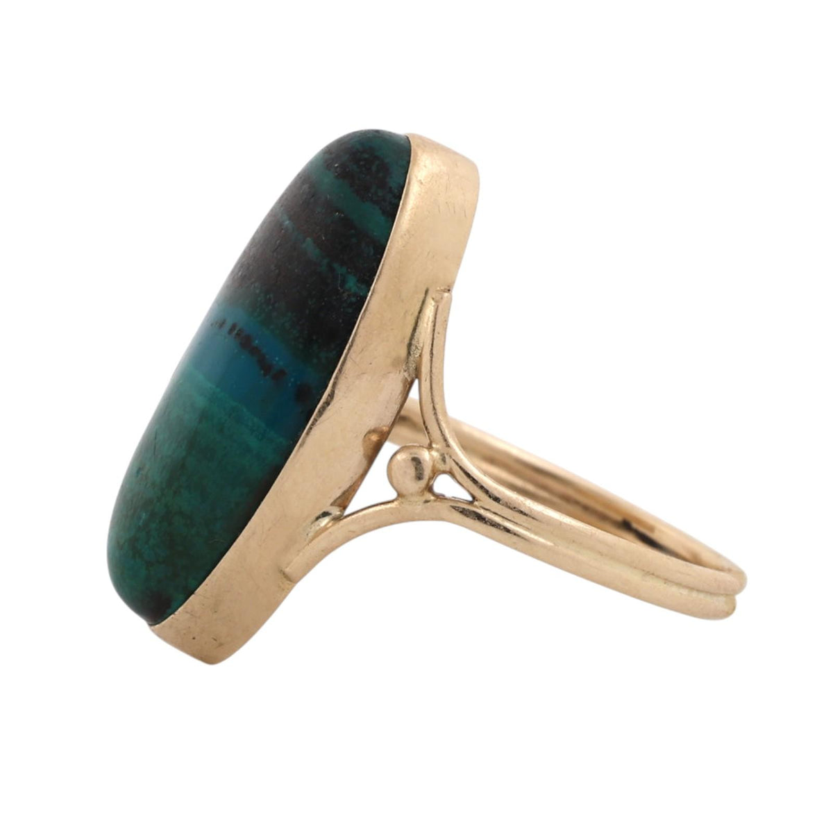 Azurmalachite Oval Cabochon Statement Ring 14K Yellow Gold Size 4.25