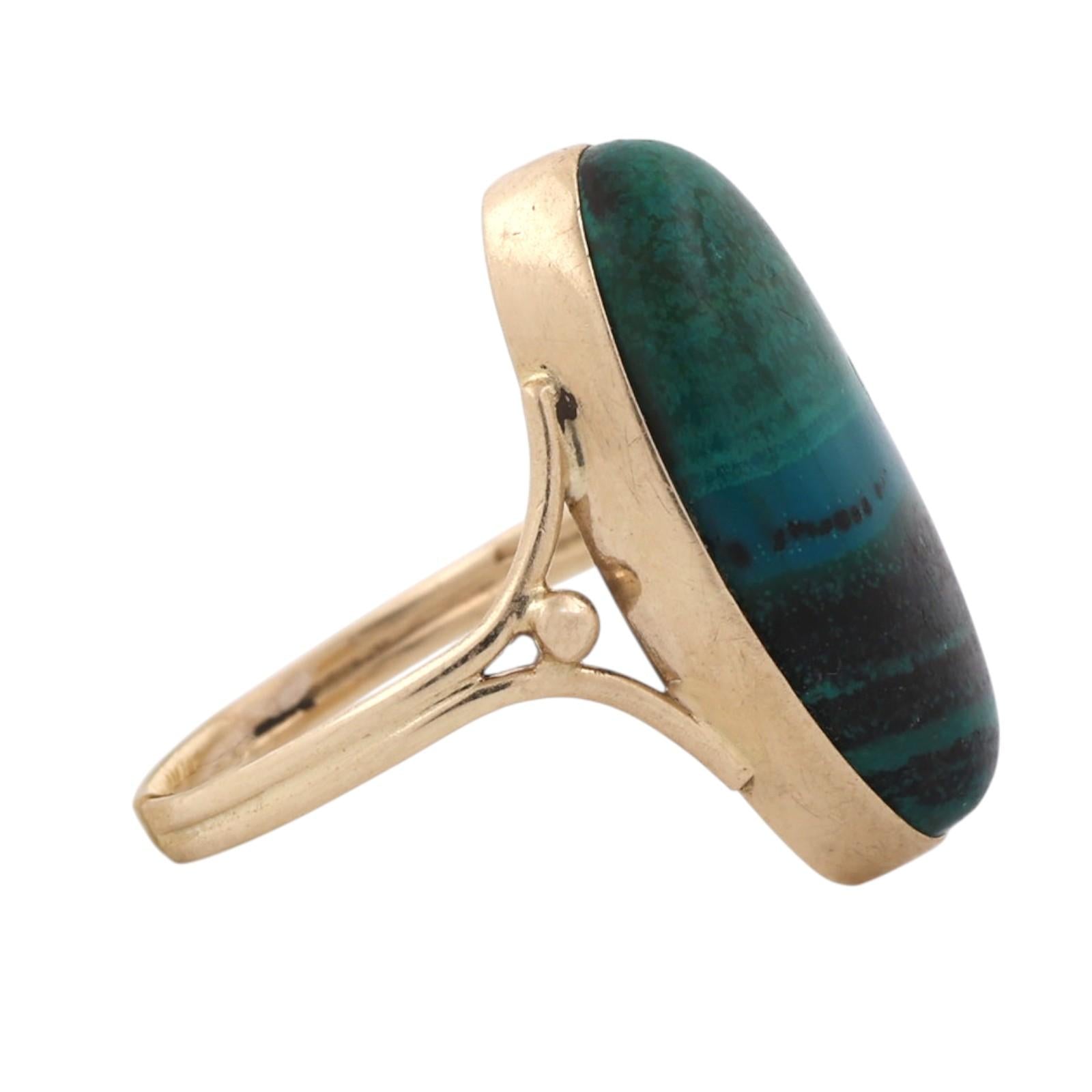 Azurmalachite Oval Cabochon Statement Ring 14K Yellow Gold Size 4.25