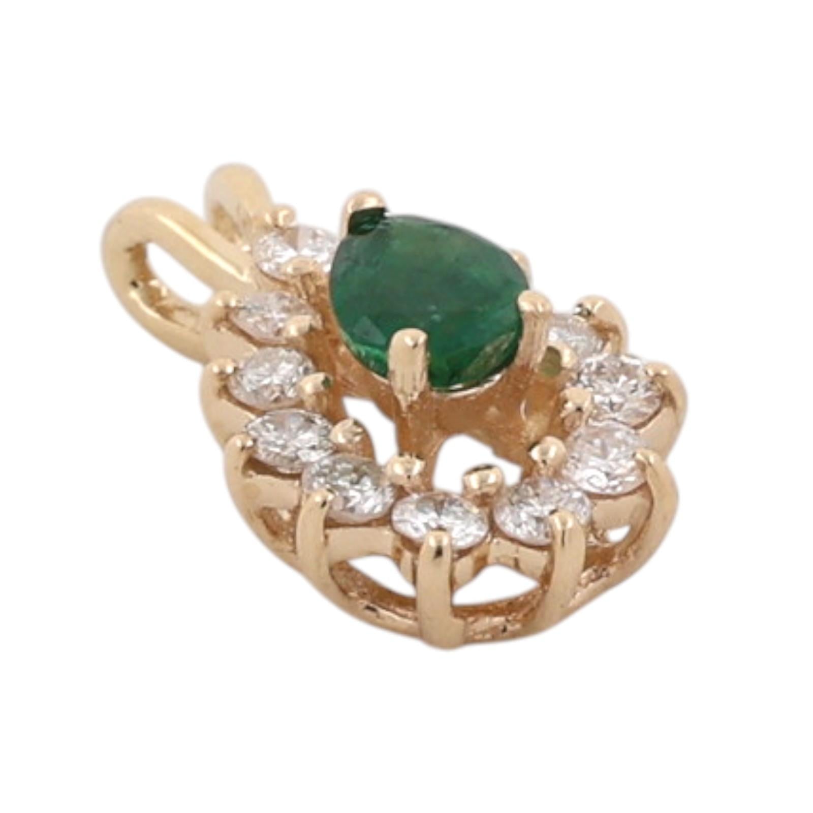 Natural Emerald Halo Diamond Pendant 14K Yellow Gold 0.75 CTW Pear Cut