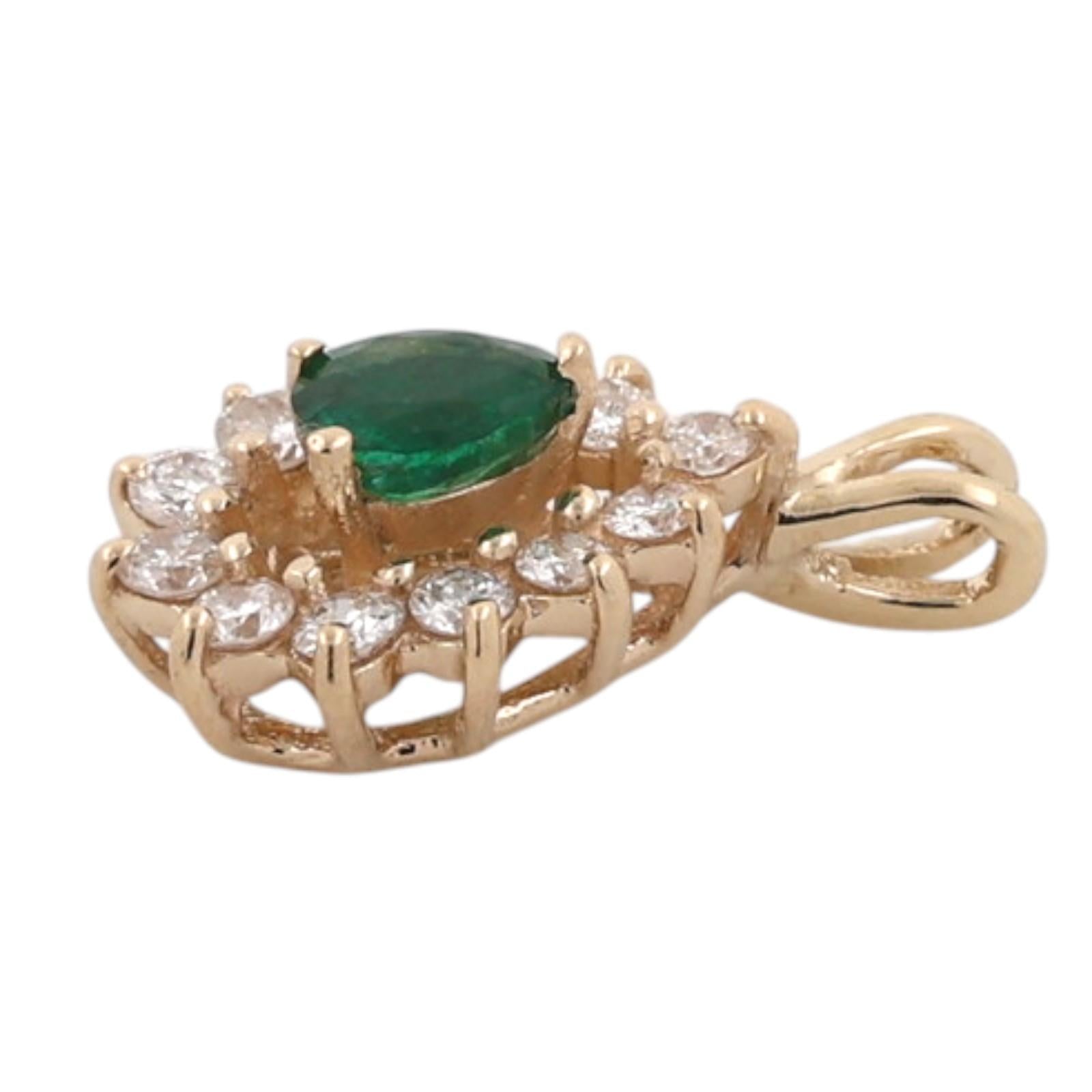 Natural Emerald Halo Diamond Pendant 14K Yellow Gold 0.75 CTW Pear Cut