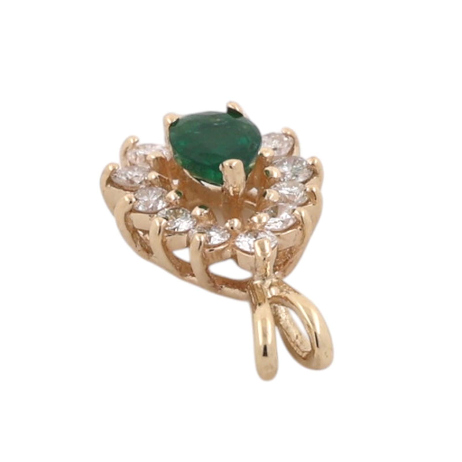 Natural Emerald Halo Diamond Pendant 14K Yellow Gold 0.75 CTW Pear Cut