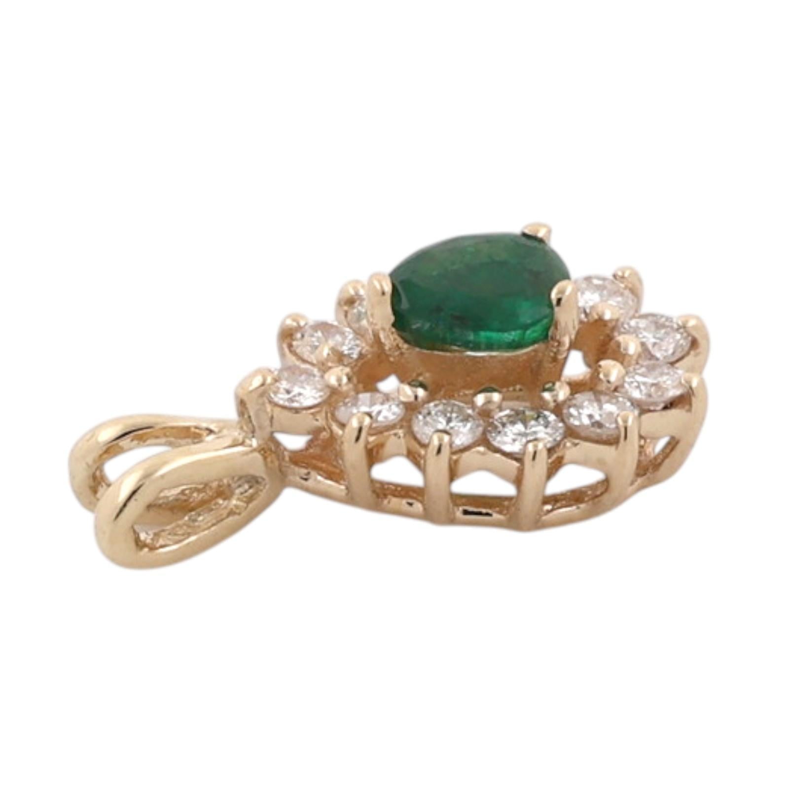 Natural Emerald Halo Diamond Pendant 14K Yellow Gold 0.75 CTW Pear Cut