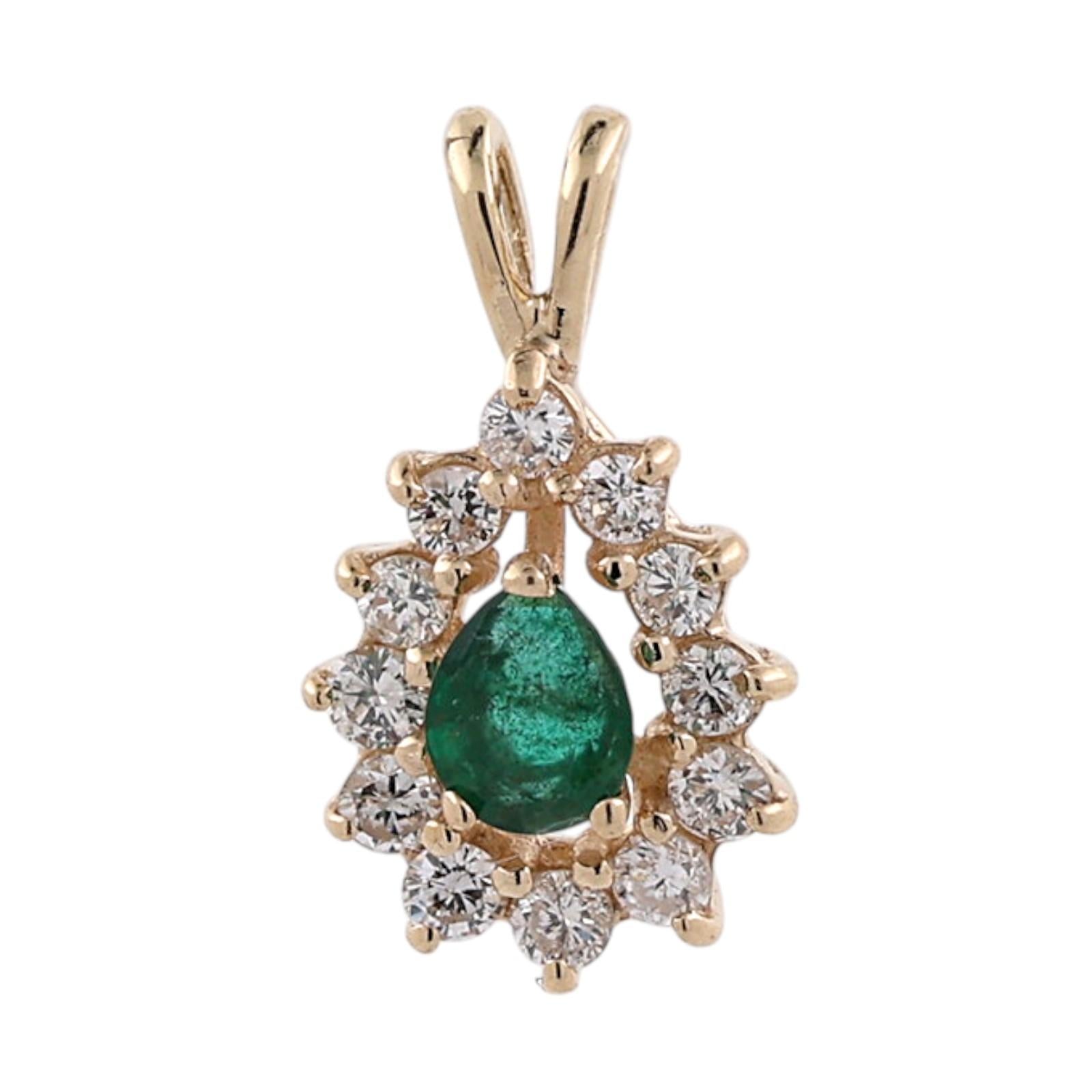 Natural Emerald Halo Diamond Pendant 14K Yellow Gold 0.75 CTW Pear Cut
