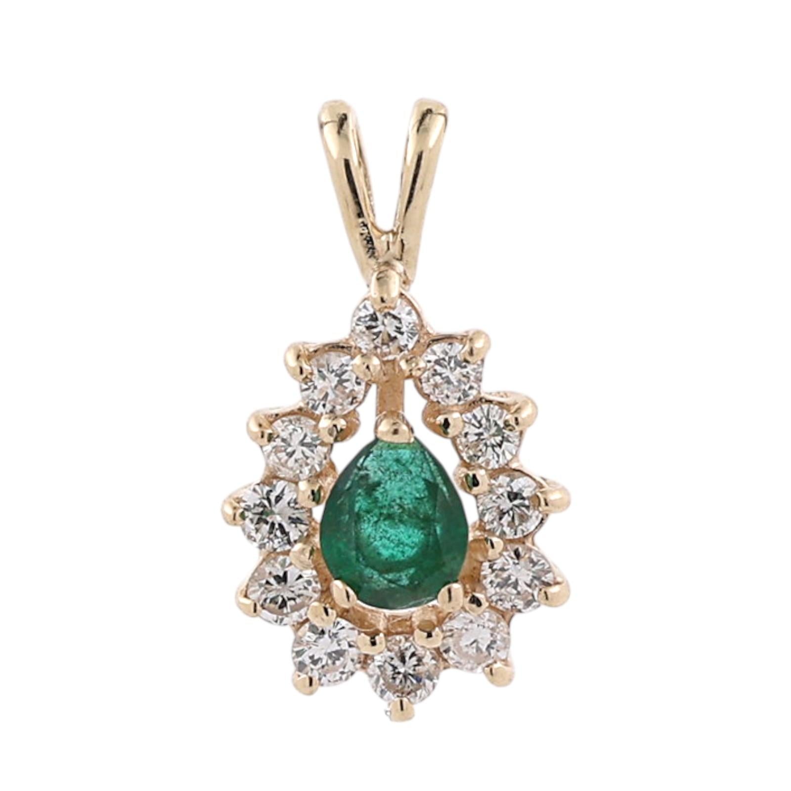 Natural Emerald Halo Diamond Pendant 14K Yellow Gold 0.75 CTW Pear Cut