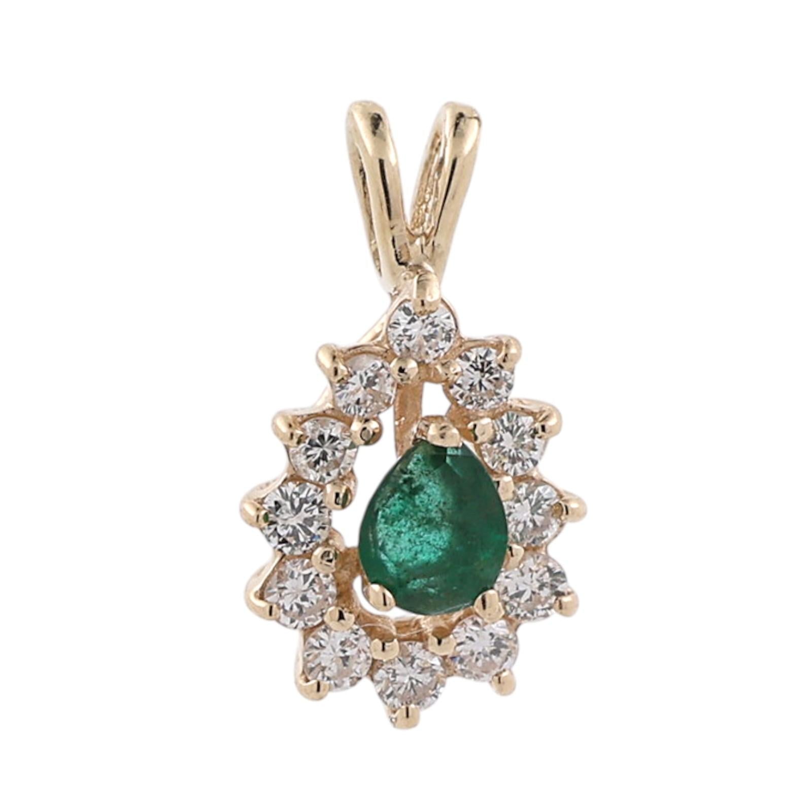 Natural Emerald Halo Diamond Pendant 14K Yellow Gold 0.75 CTW Pear Cut