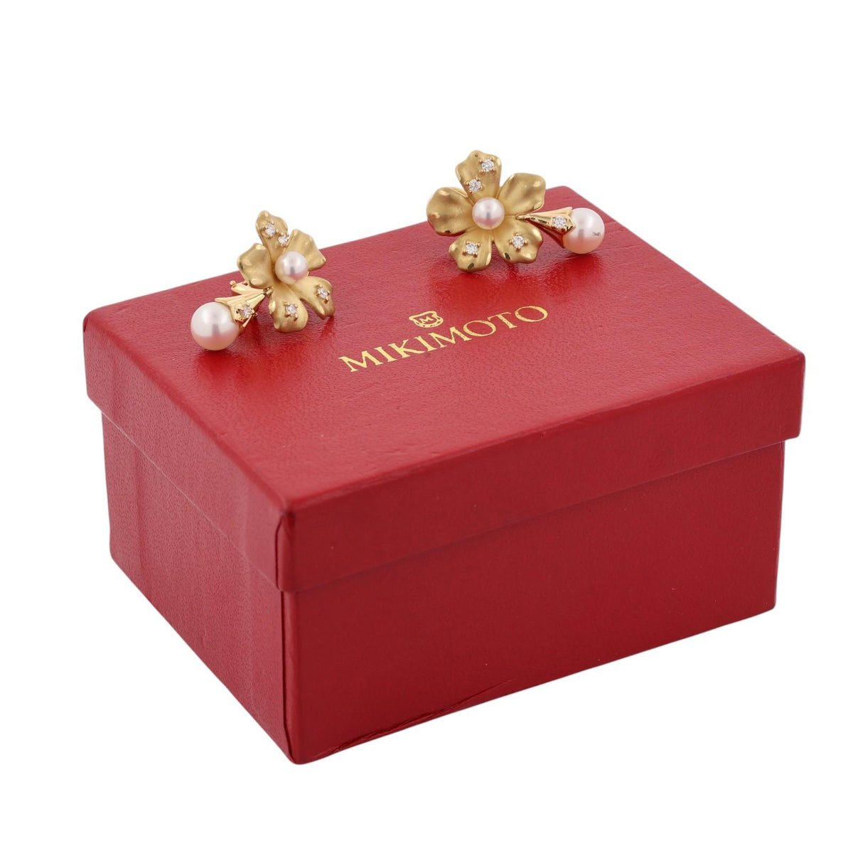 Mikimoto Pearl Diamond Floral Necklace Earrings Set 18K Yellow Gold 1.70 CTW